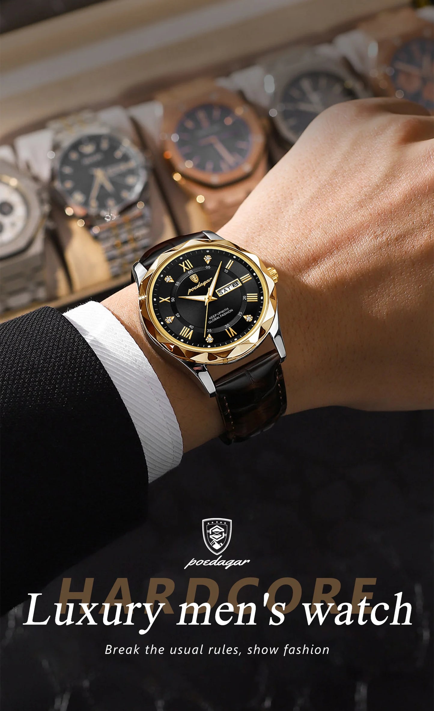 Roman Numeral Full Calendar Watch – Leather Strap with Date, Week & Luminous Dial