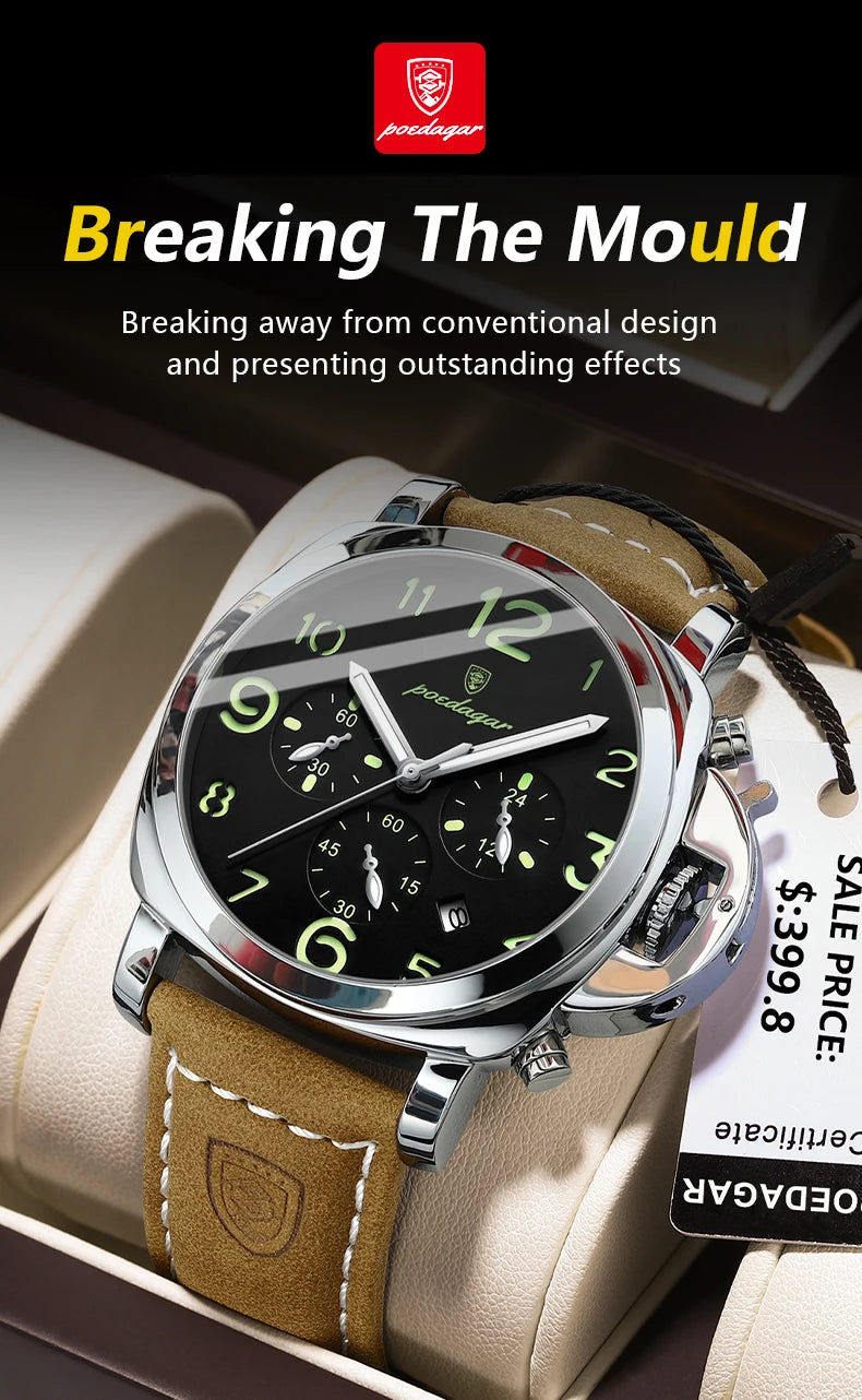 Chronograph Leather Watch – Bold Arabic Dial with Date & Luminous Hands