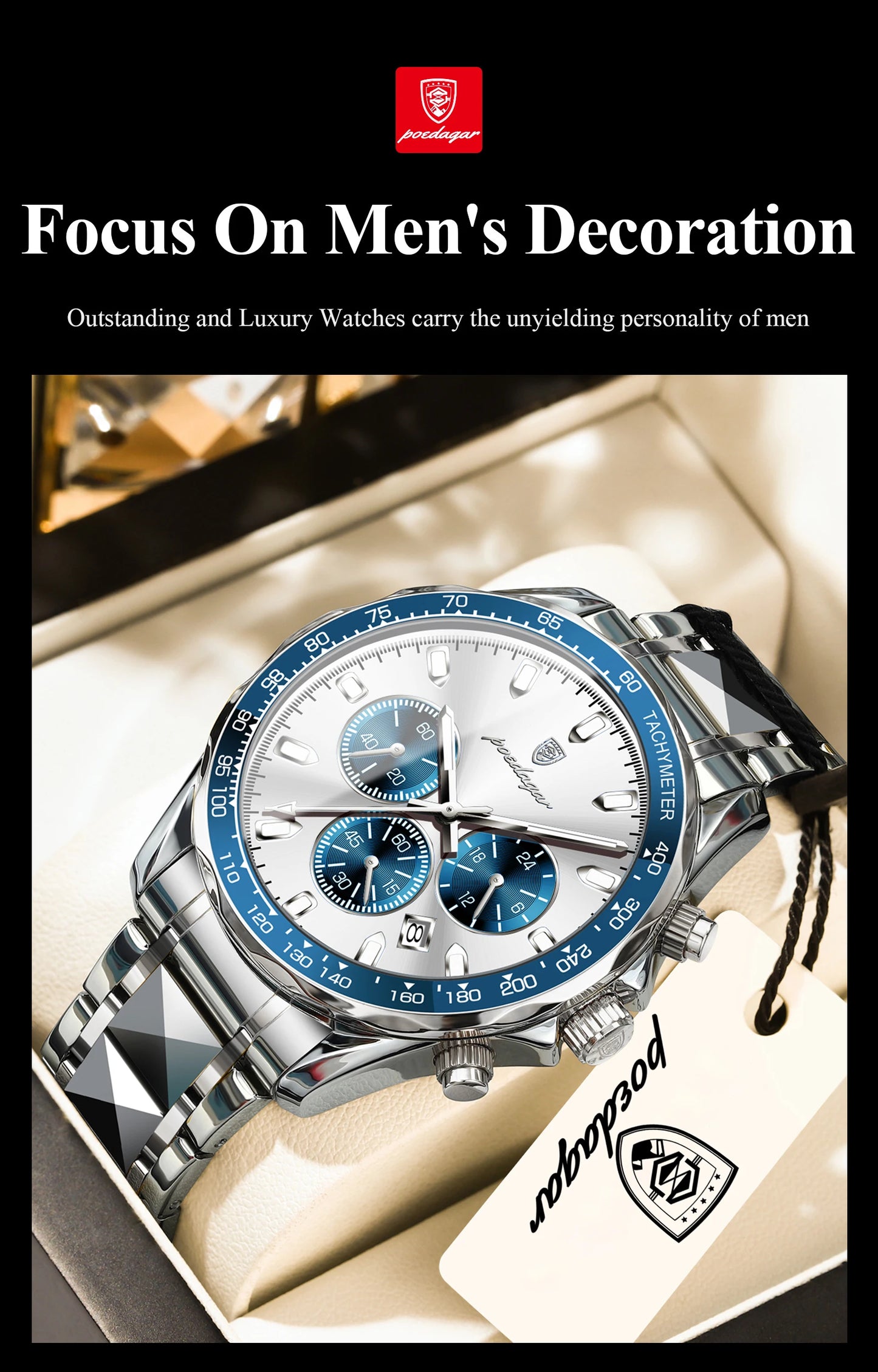 Chronograph Business Watch – Luminous Numberless Dial with Hidden Clasp Bracelet