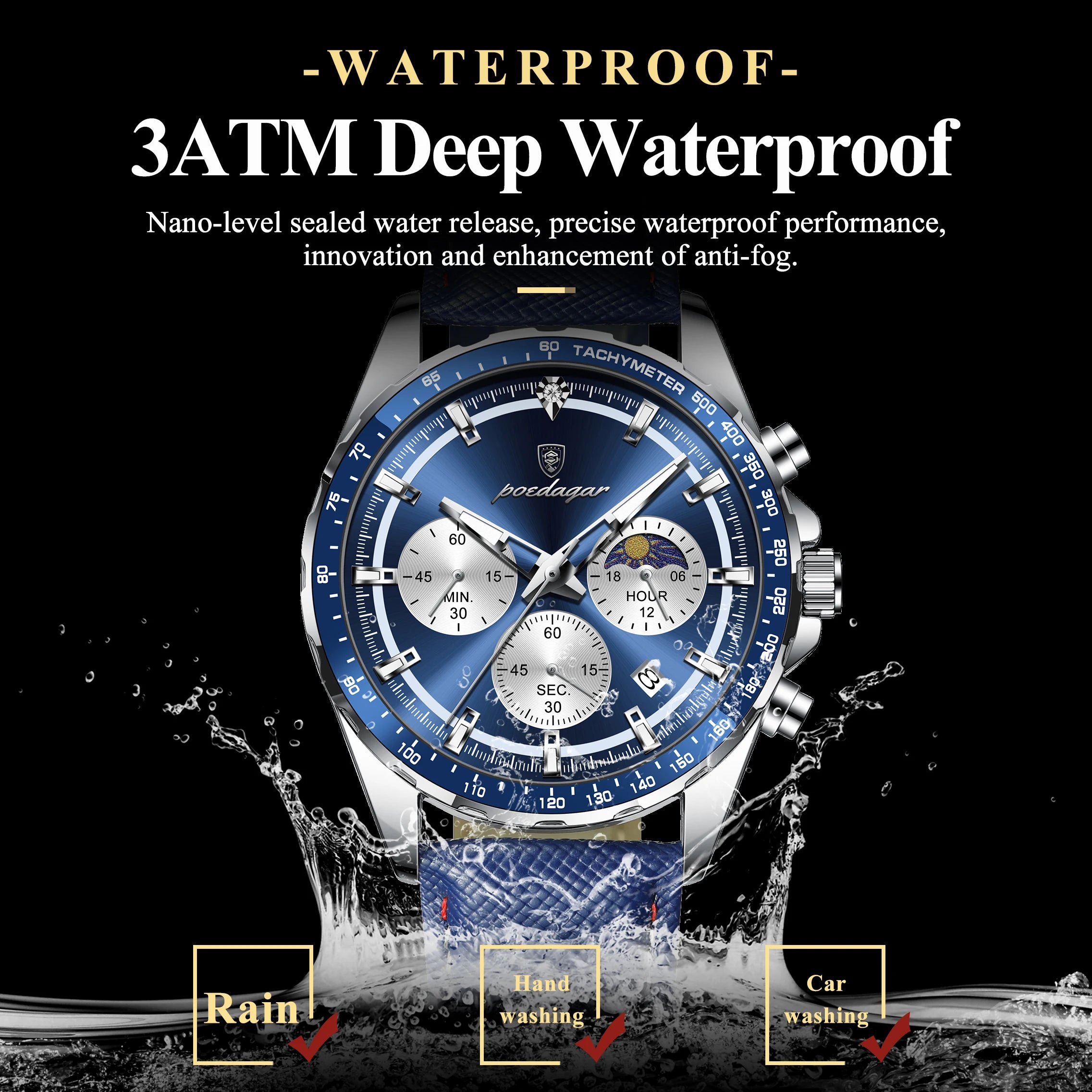 Premium Leather Chronograph Watch – Luminous Dial, Date Display, Quartz Movement