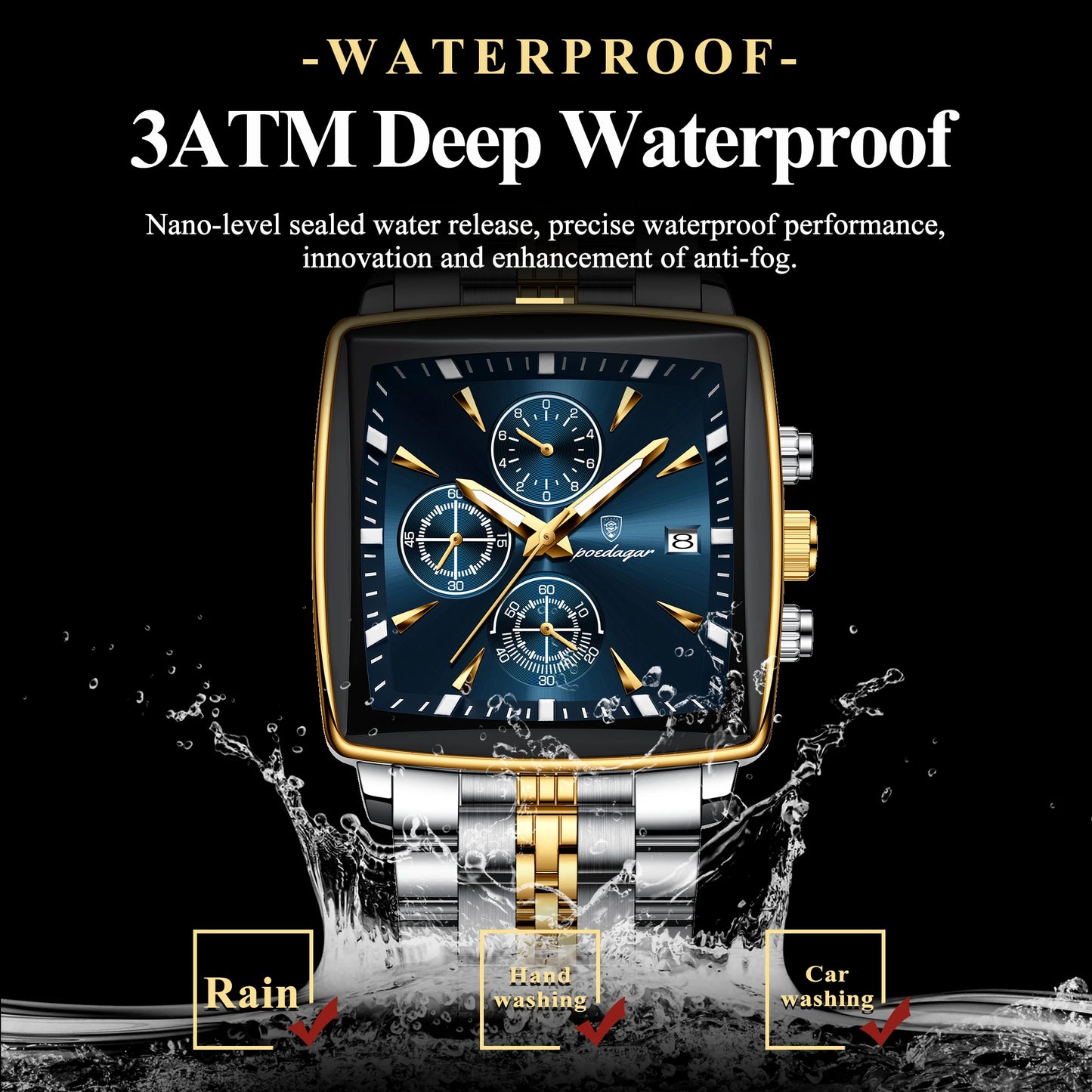 Square Chronograph Watch – Bold Numberless Dial with Hidden Clasp Bracelet