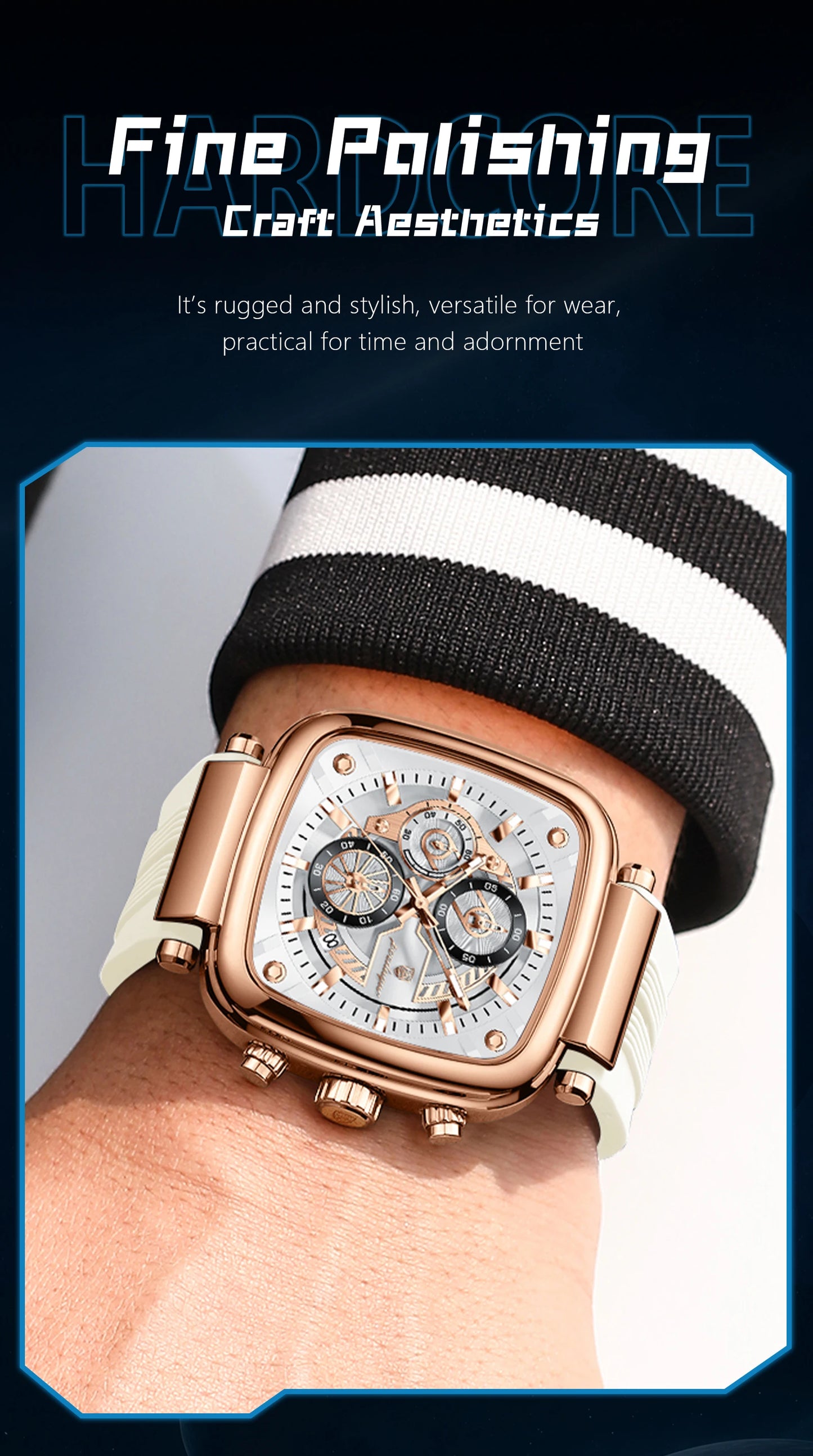 Square Chronograph Sport Watch – Luminous Dial with Silicone Strap & Date
