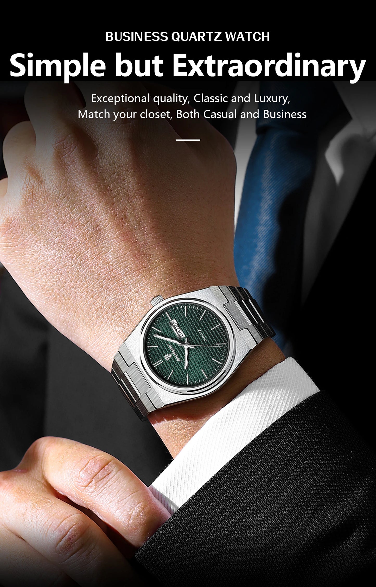Full Calendar Stainless Steel Watch – Luminous Dial with Date, Week & Hidden Clasp