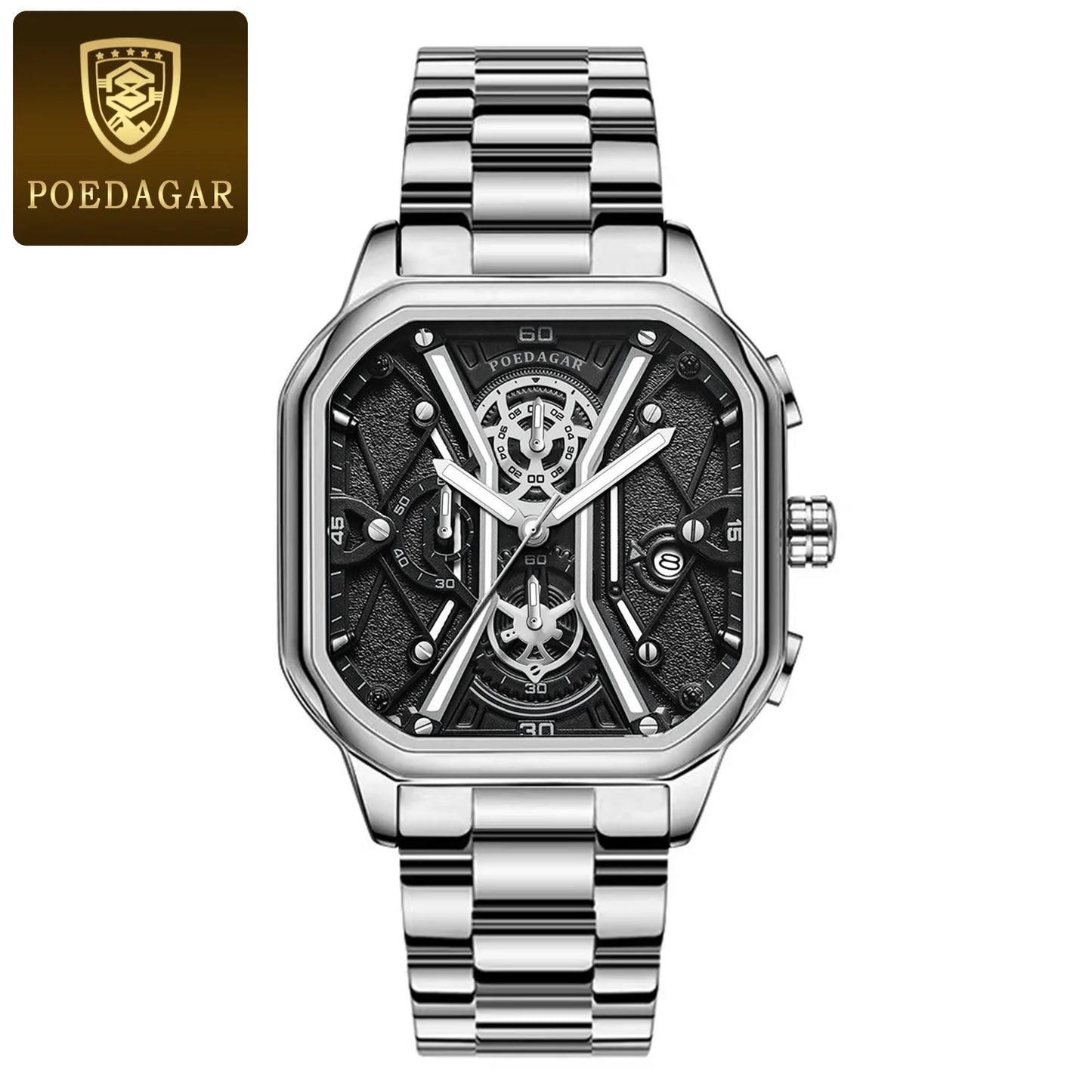 Square Chronograph Watch – Full Calendar with Leather Strap & Luminous Dial