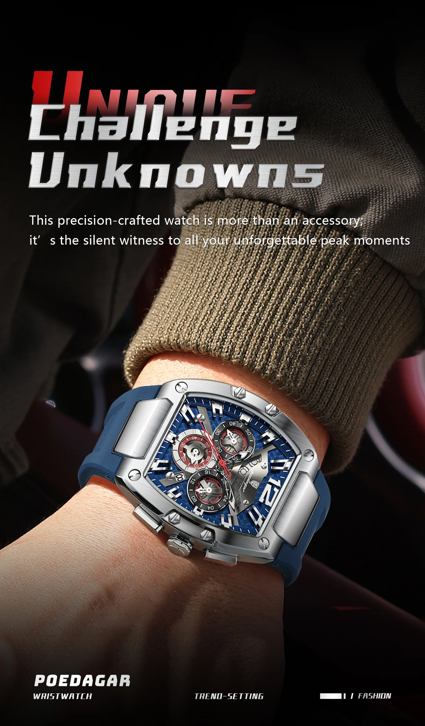 Tonneau Chronograph Watch – Luminous Arabic Dial with Silicone Strap