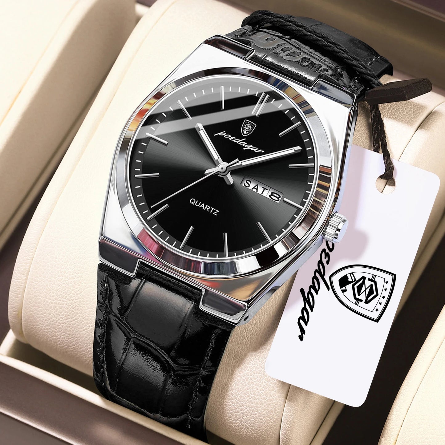 Full Calendar Leather Watch – Luminous Dial with Date, Week & Classic Buckle