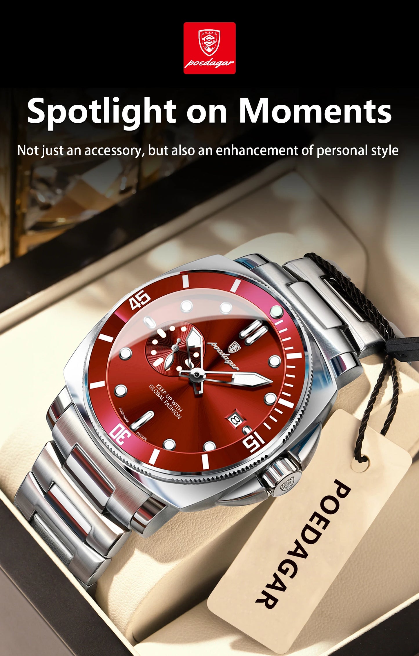 Business Date Watch – Luminous Numberless Dial with Hidden Clasp Bracelet