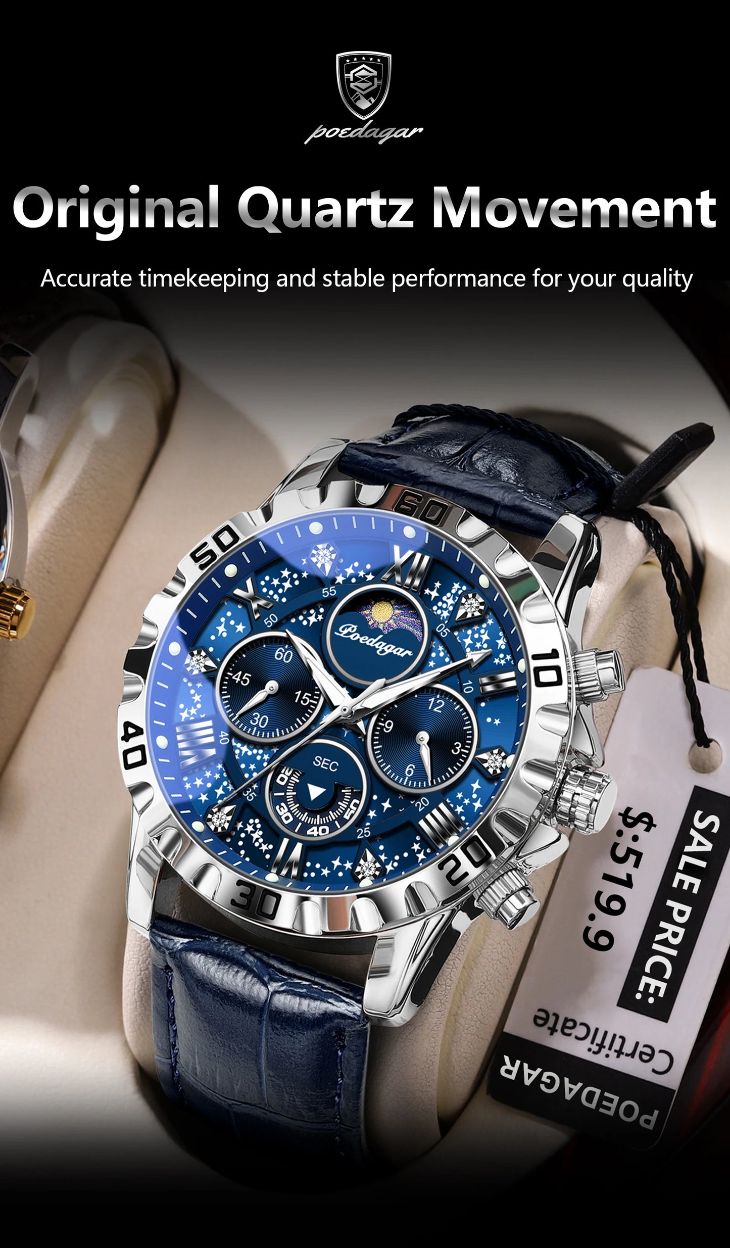 Chronograph Watch with Multiple Time Zone – Leather Strap & Sapphire Crystal