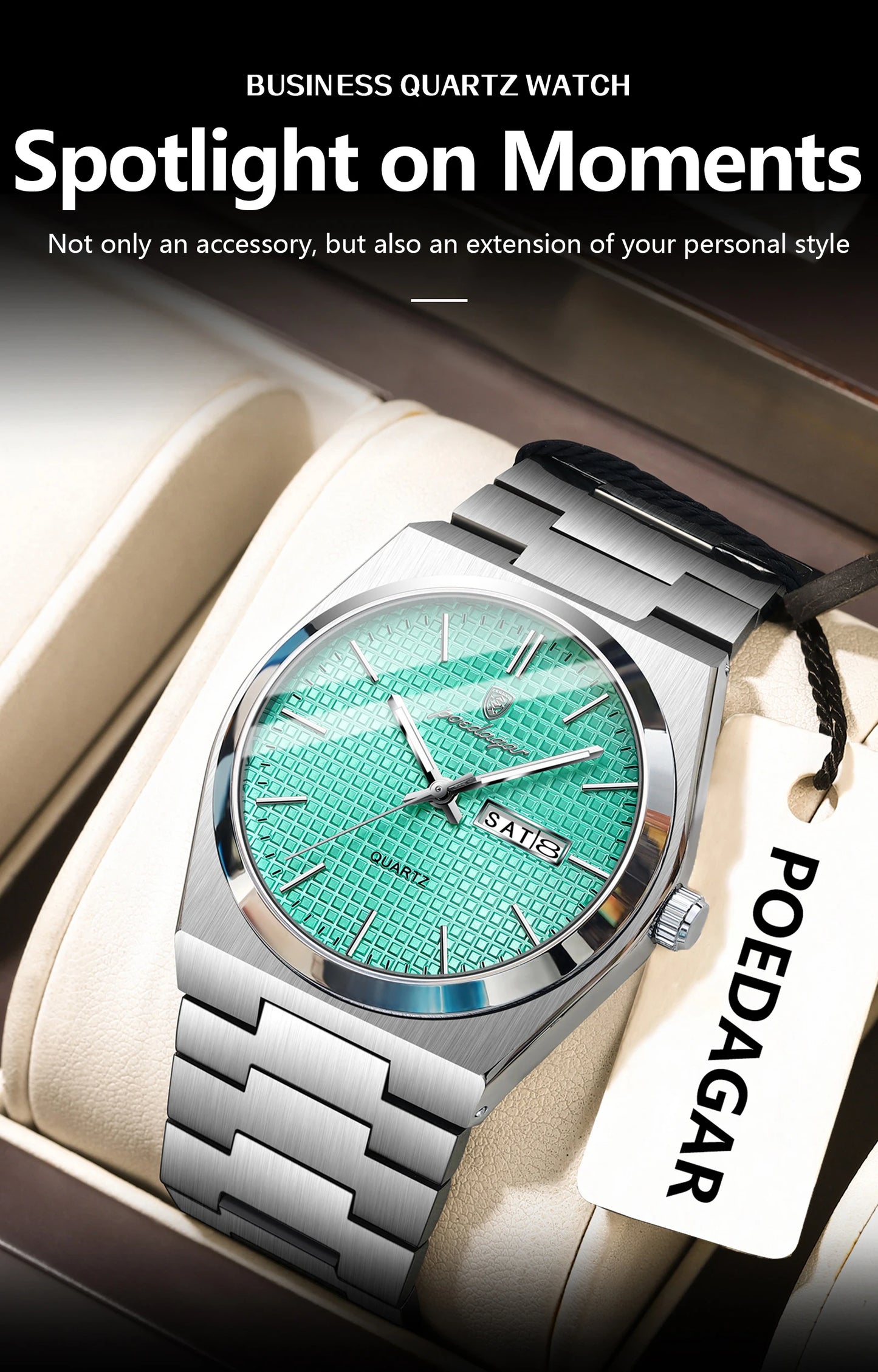 Full Calendar Stainless Steel Watch – Luminous Dial with Hidden Clasp Bracelet