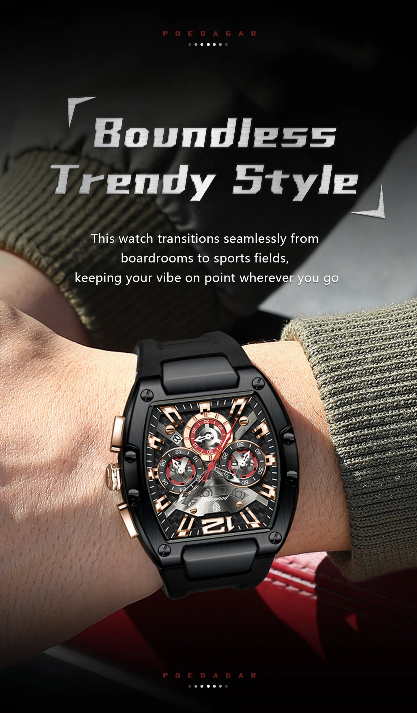 Tonneau Chronograph Watch – Roman Numeral Dial with Sapphire Crystal & Silicone Strap