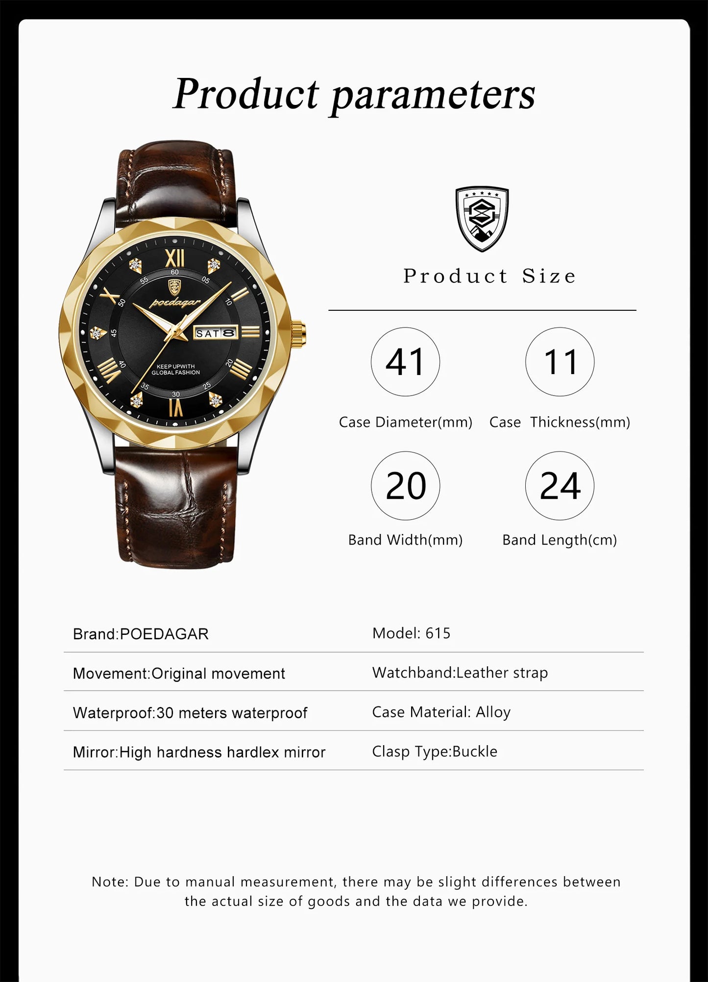 Roman Numeral Full Calendar Watch – Leather Strap with Date, Week & Luminous Dial