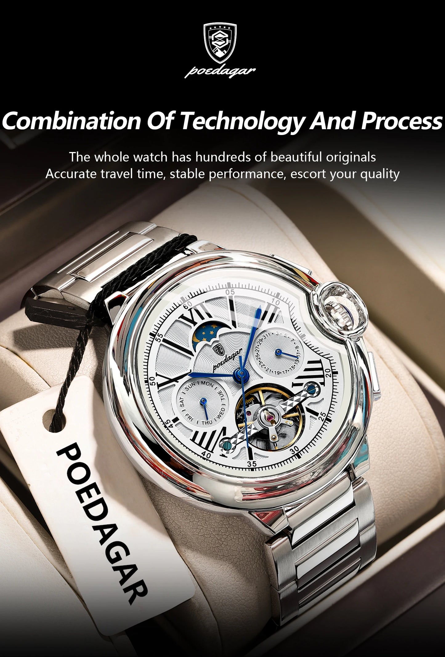 Automatic Skeleton Watch – Tourbillon Style with Moon Phase & Full Calendar
