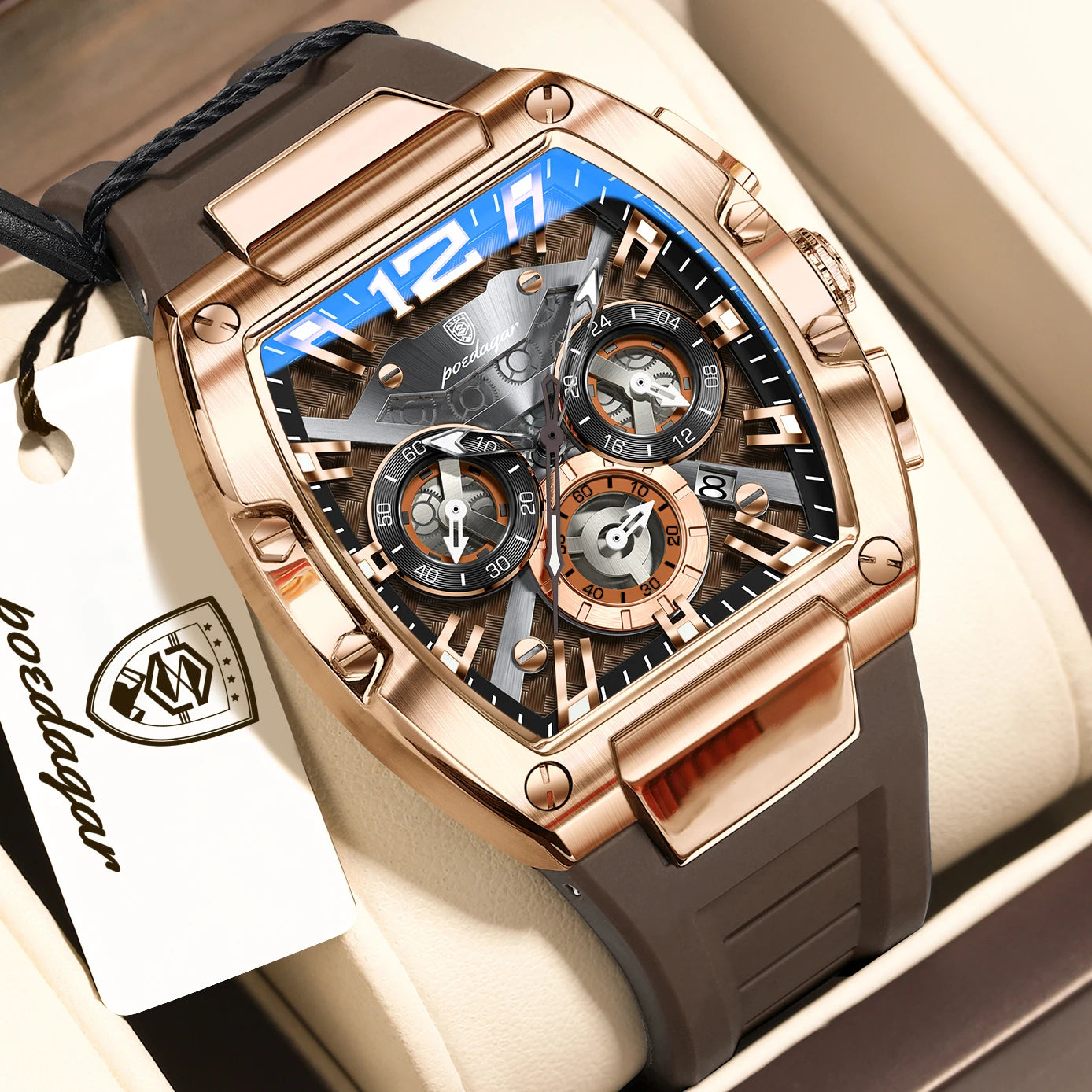 Tonneau Chronograph Watch – Roman Numeral Dial with Sapphire Crystal & Silicone Strap