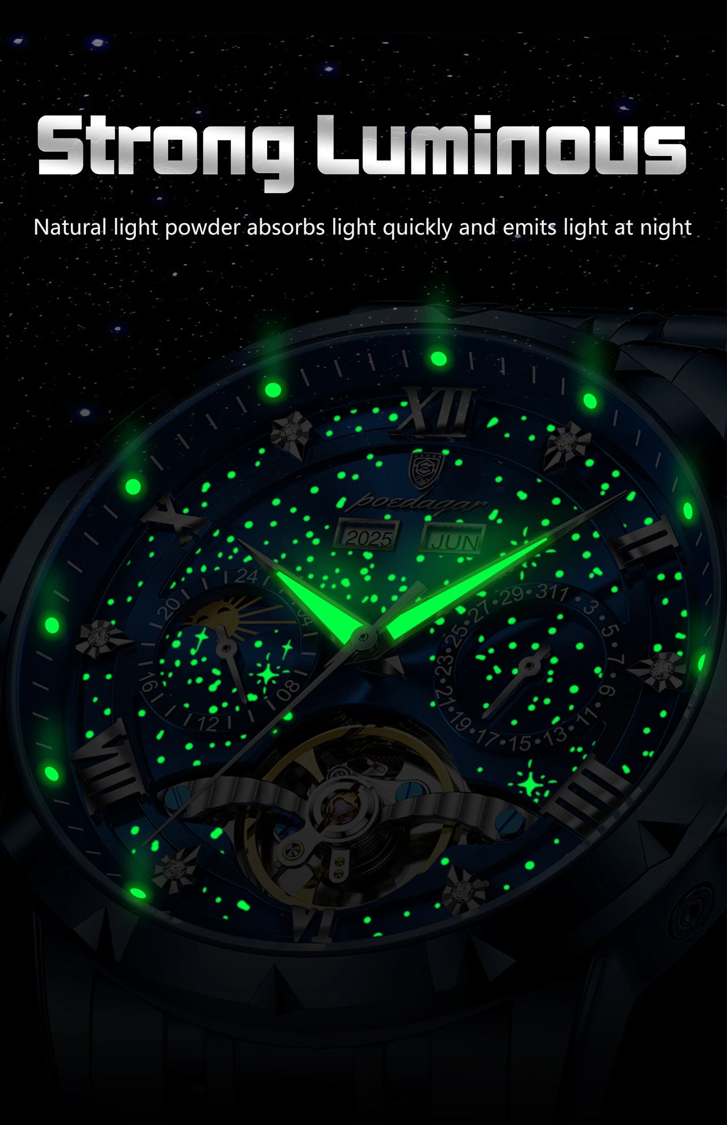 Automatic Skeleton Watch – Tourbillon Style with Roman Numeral Dial & Full Calendar