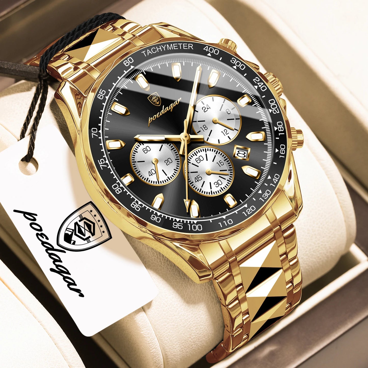 Chronograph Date Watch – Luminous Dial with Hidden Clasp Bracelet