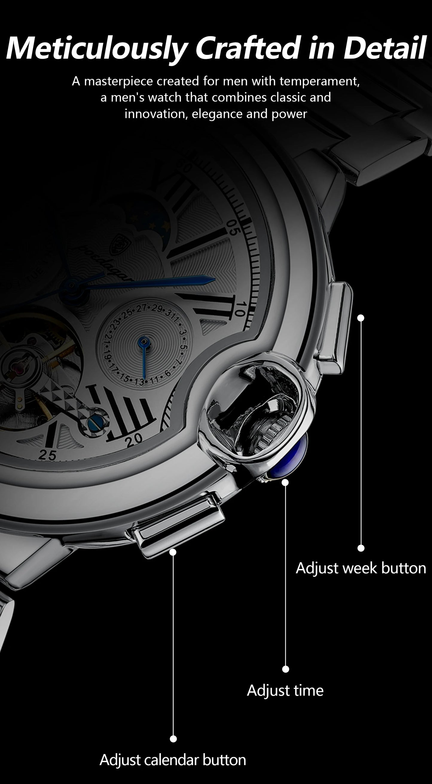 Automatic Skeleton Watch – Tourbillon Style with Moon Phase & Full Calendar