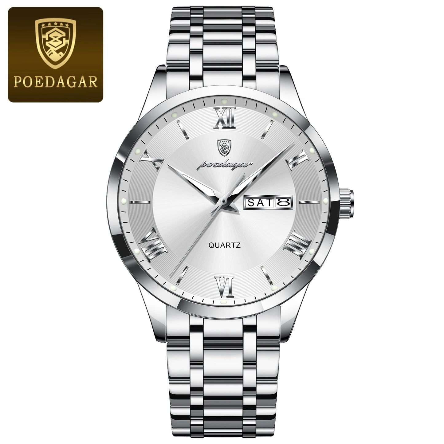 Roman Numeral Full Calendar Watch – Luminous Dial with Hidden Clasp Bracelet