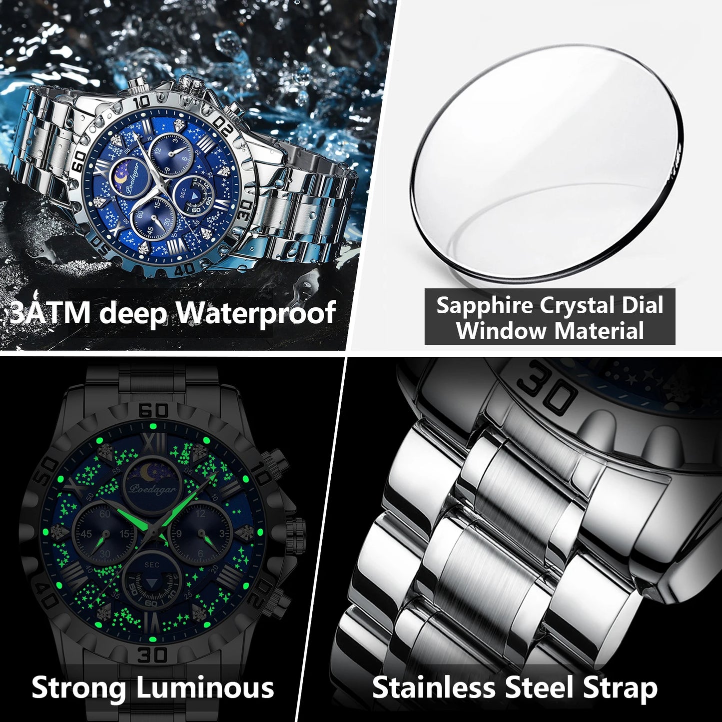 Chronograph Watch with Multiple Time Zone – Roman Numeral Dial & Sapphire Crystal