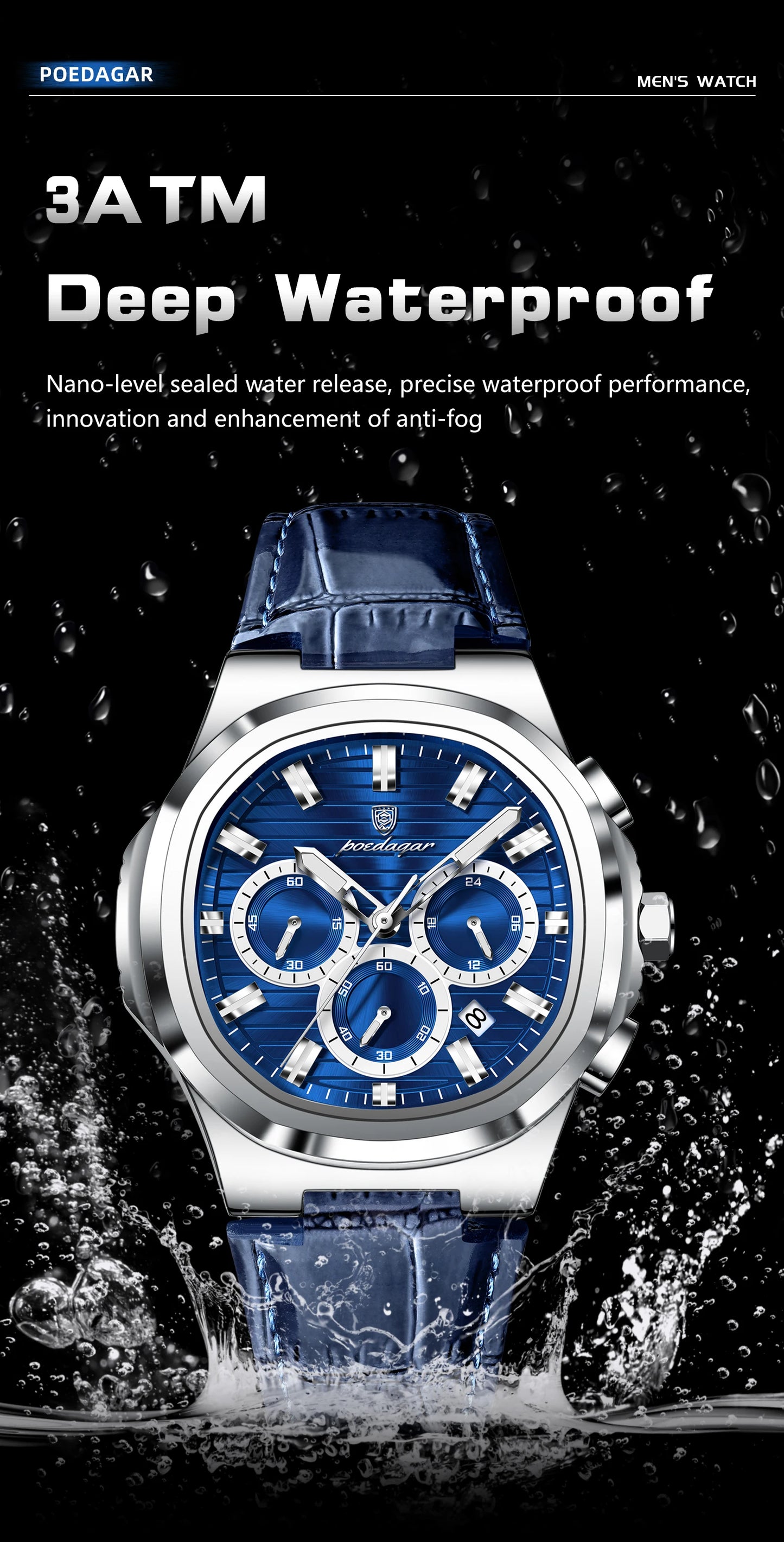 Square Chronograph Watch – Luxe Leather Strap with Luminous Dial & Date