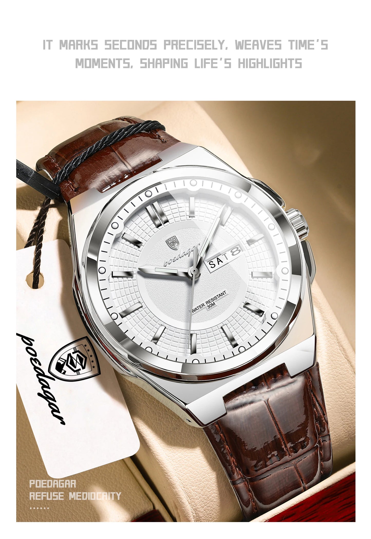 Full Calendar Leather Watch – Luminous Dial with Date & Week Display
