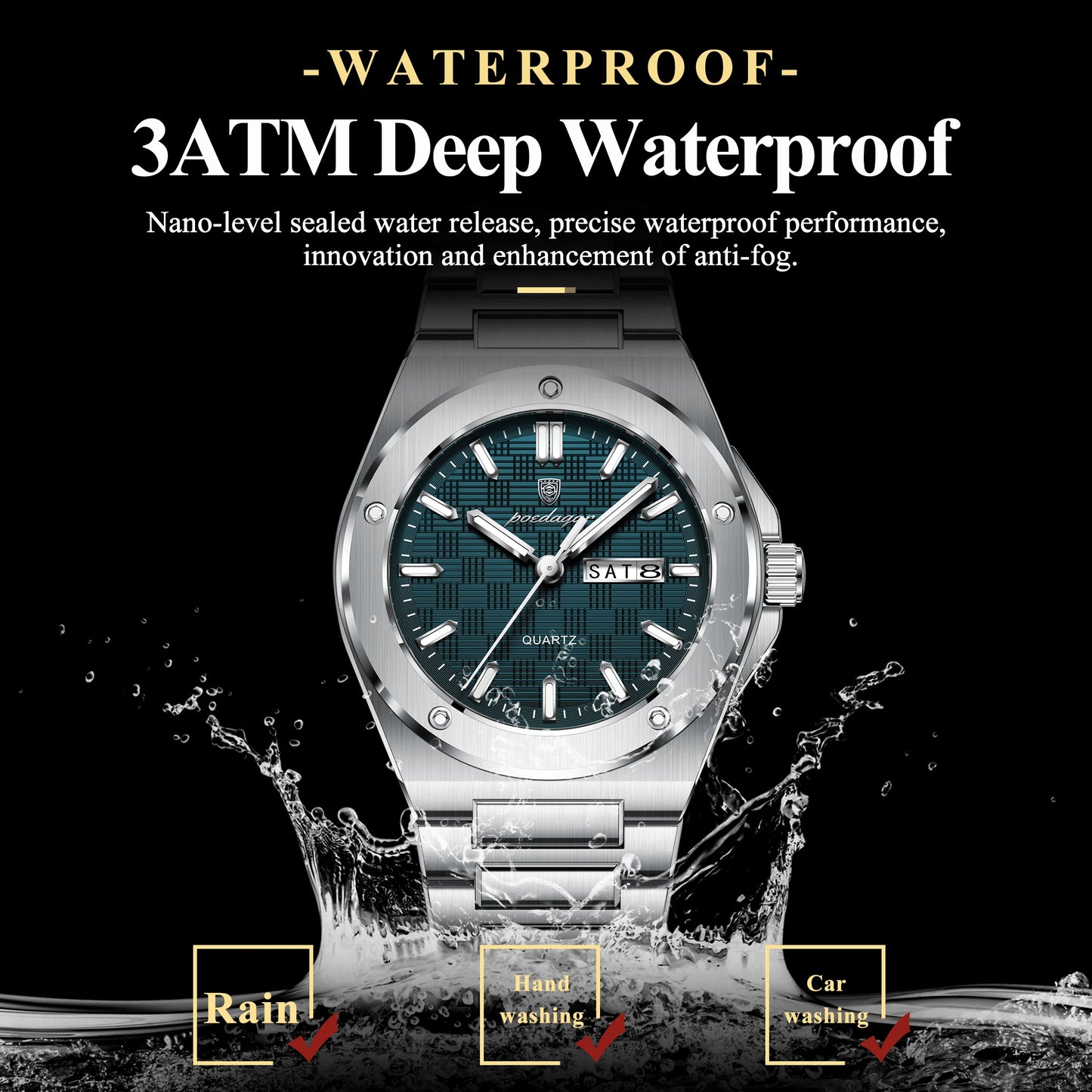 Full Calendar Business Watch – Luminous Stainless Steel with Hidden Clasp Bracelet