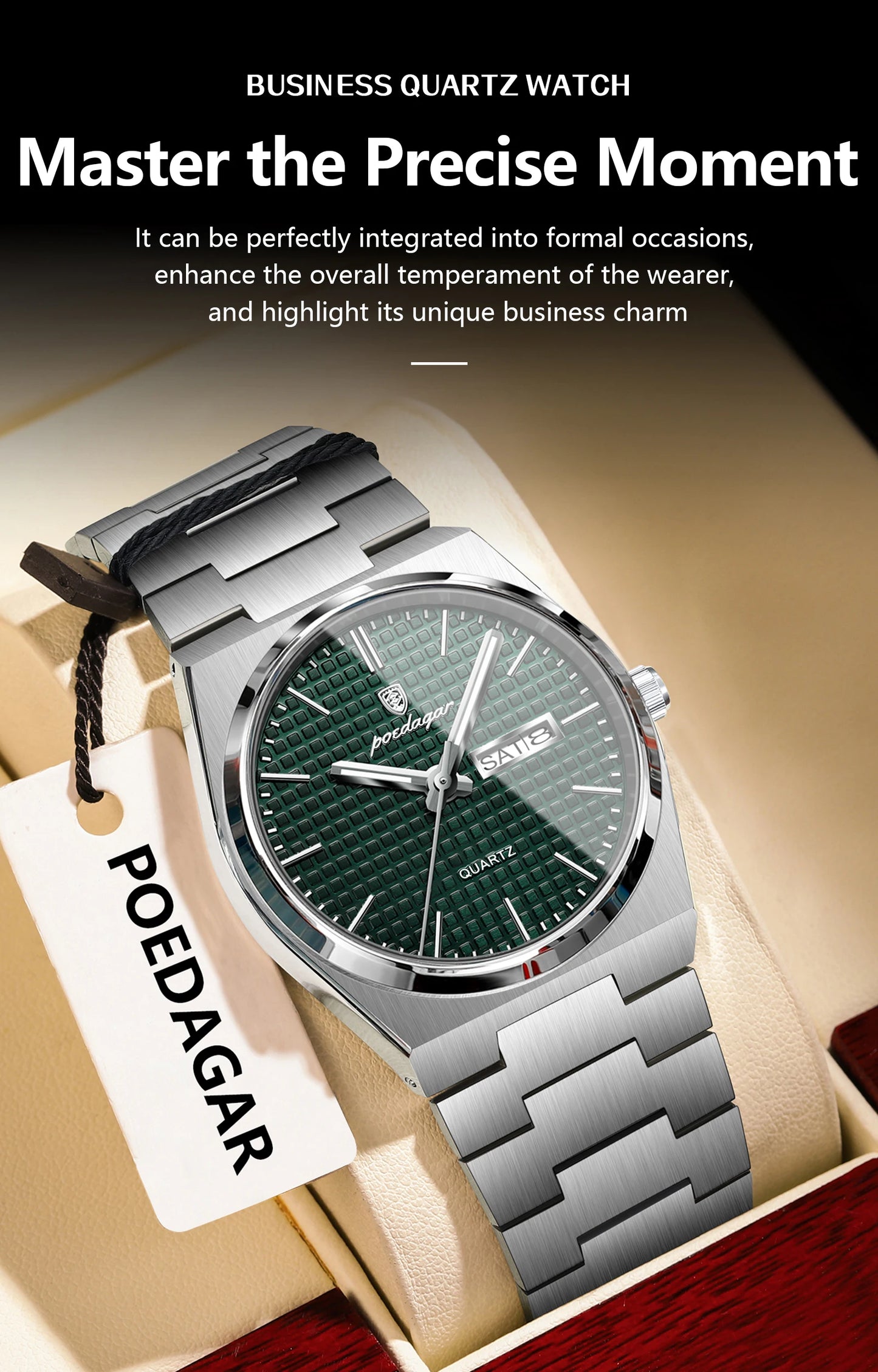 Full Calendar Stainless Steel Watch – Luminous Dial with Date, Week & Hidden Clasp