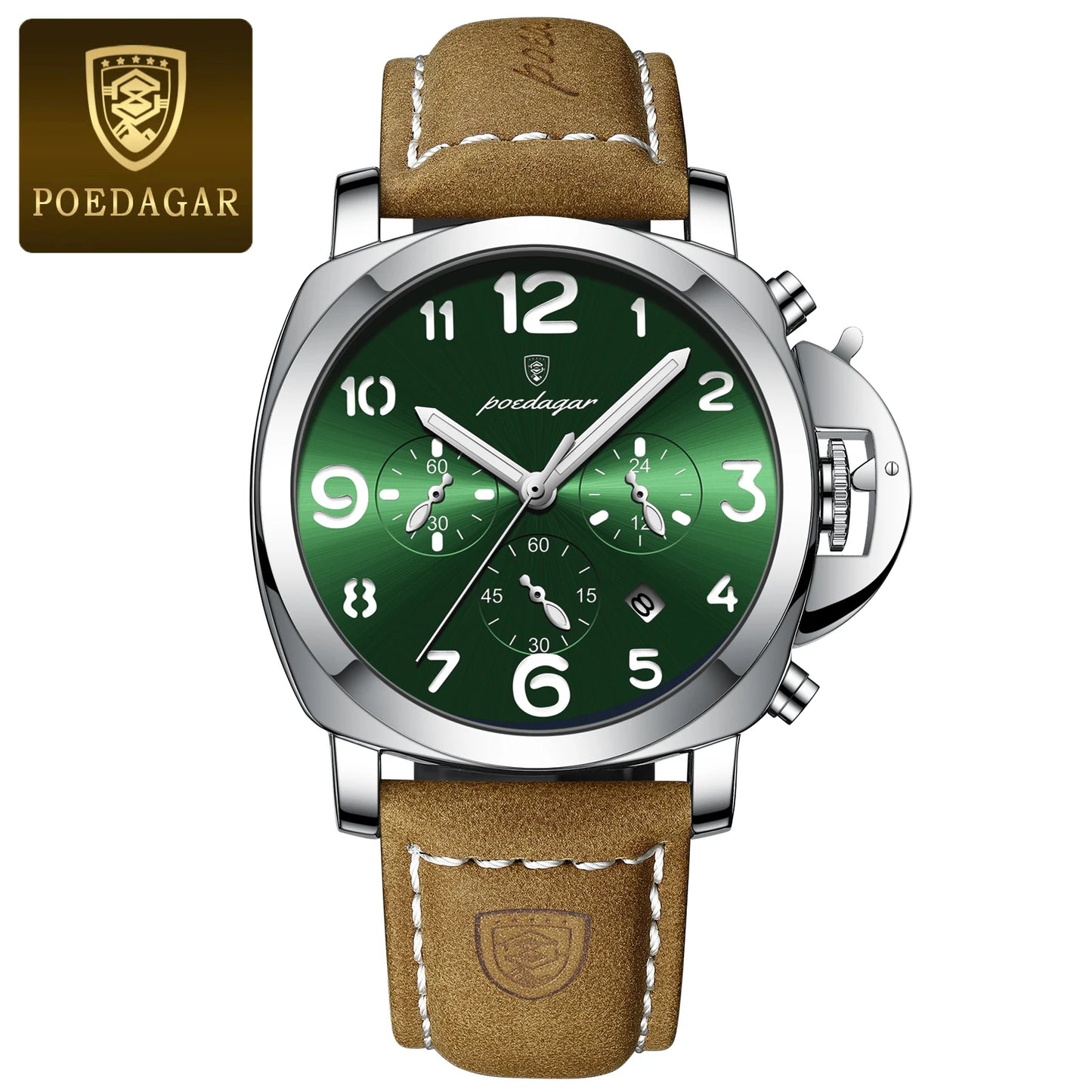 Chronograph Leather Watch – Bold Arabic Dial with Date & Luminous Hands