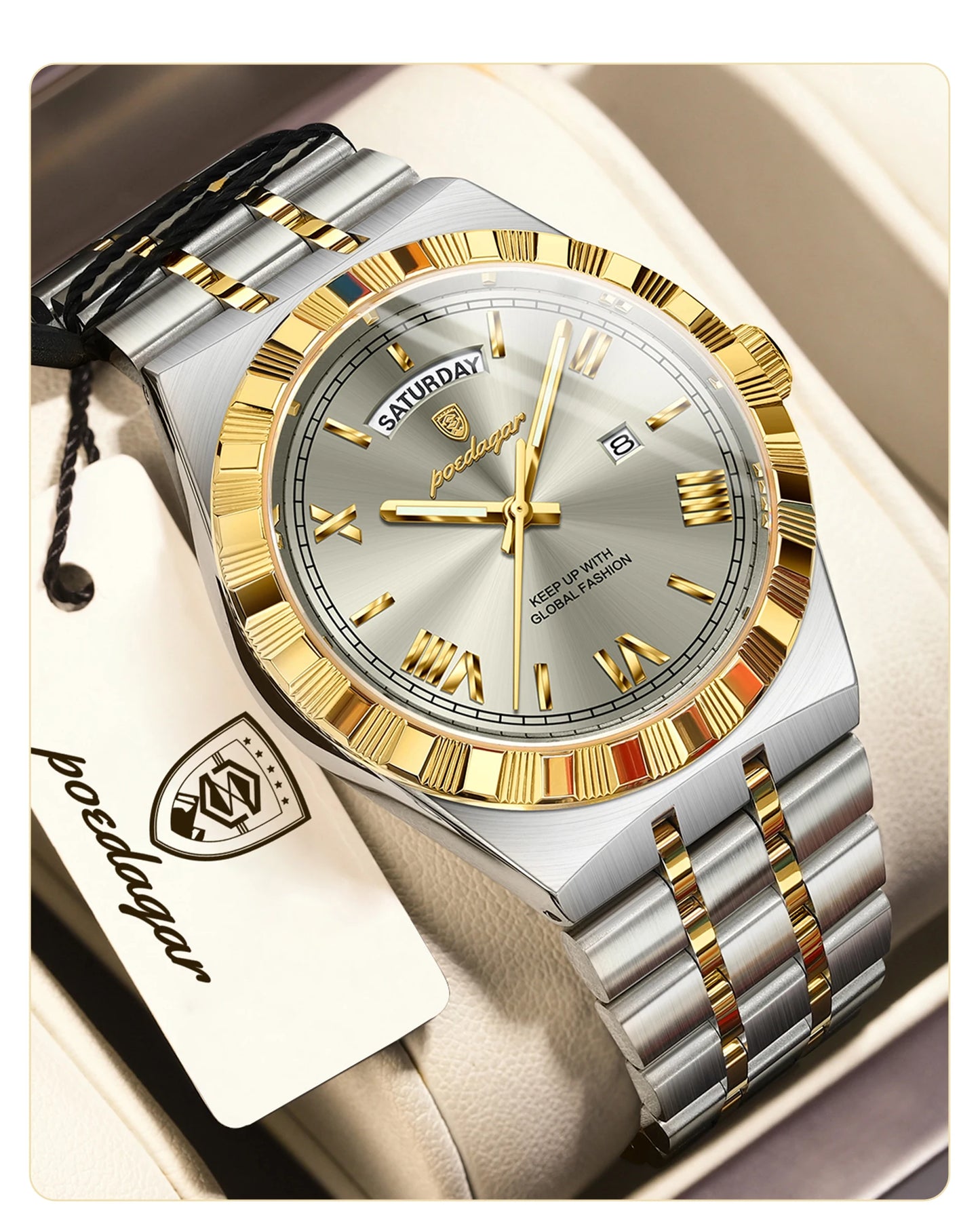 Luxury Business Chronograph – Day, Date, Luminous Dial, Steel Bracelet