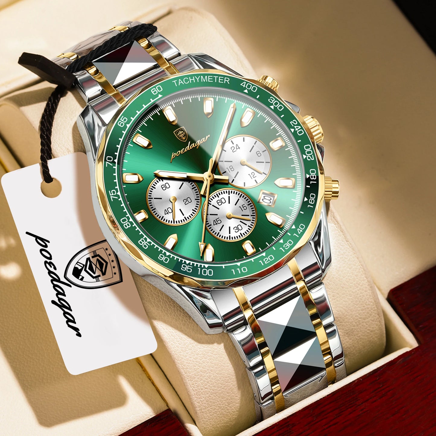 Chronograph Business Watch – Luminous Numberless Dial with Hidden Clasp Bracelet