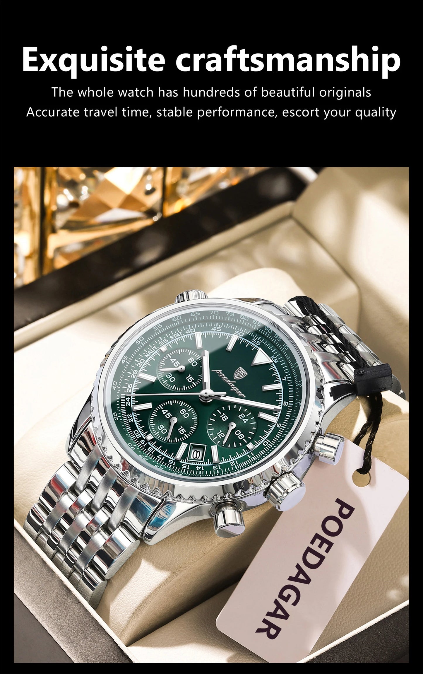 Chronograph Date Watch – Luminous Numberless Dial with Hidden Clasp Bracelet