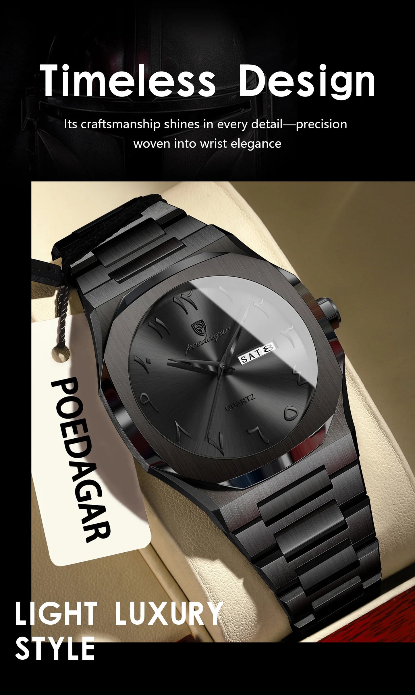 Irregular Shape Stainless Steel Watch – Full Calendar with Date & Week Display