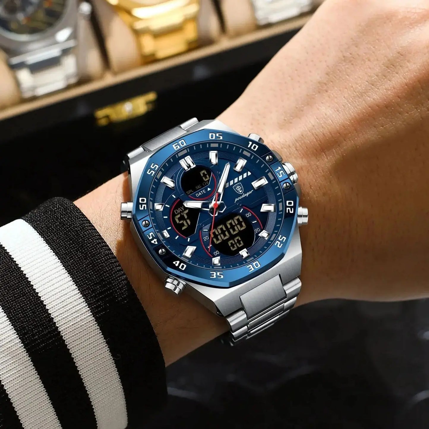 LED Analog-Digital Chronograph Watch – Full Calendar with Alarm & Bracelet