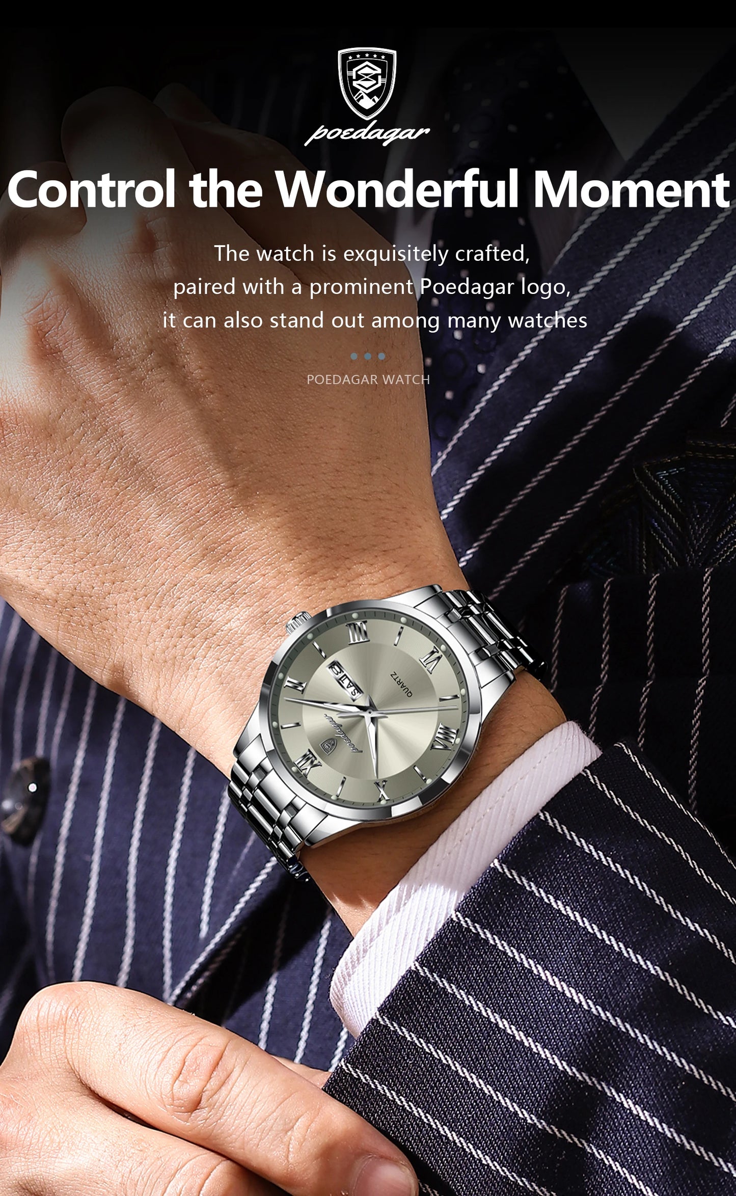 Roman Numeral Full Calendar Watch – Luminous Dial with Hidden Clasp Bracelet