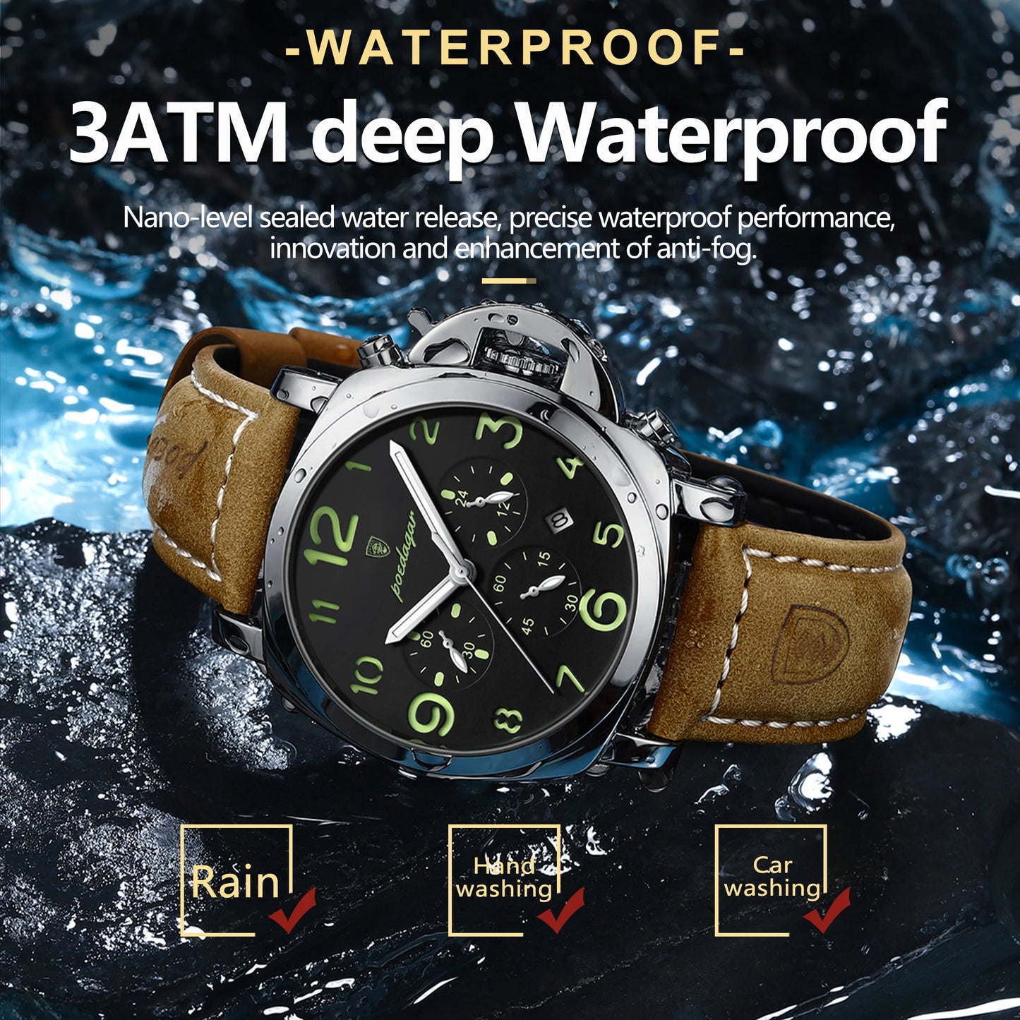 Chronograph Leather Watch – Bold Arabic Dial with Date & Luminous Hands