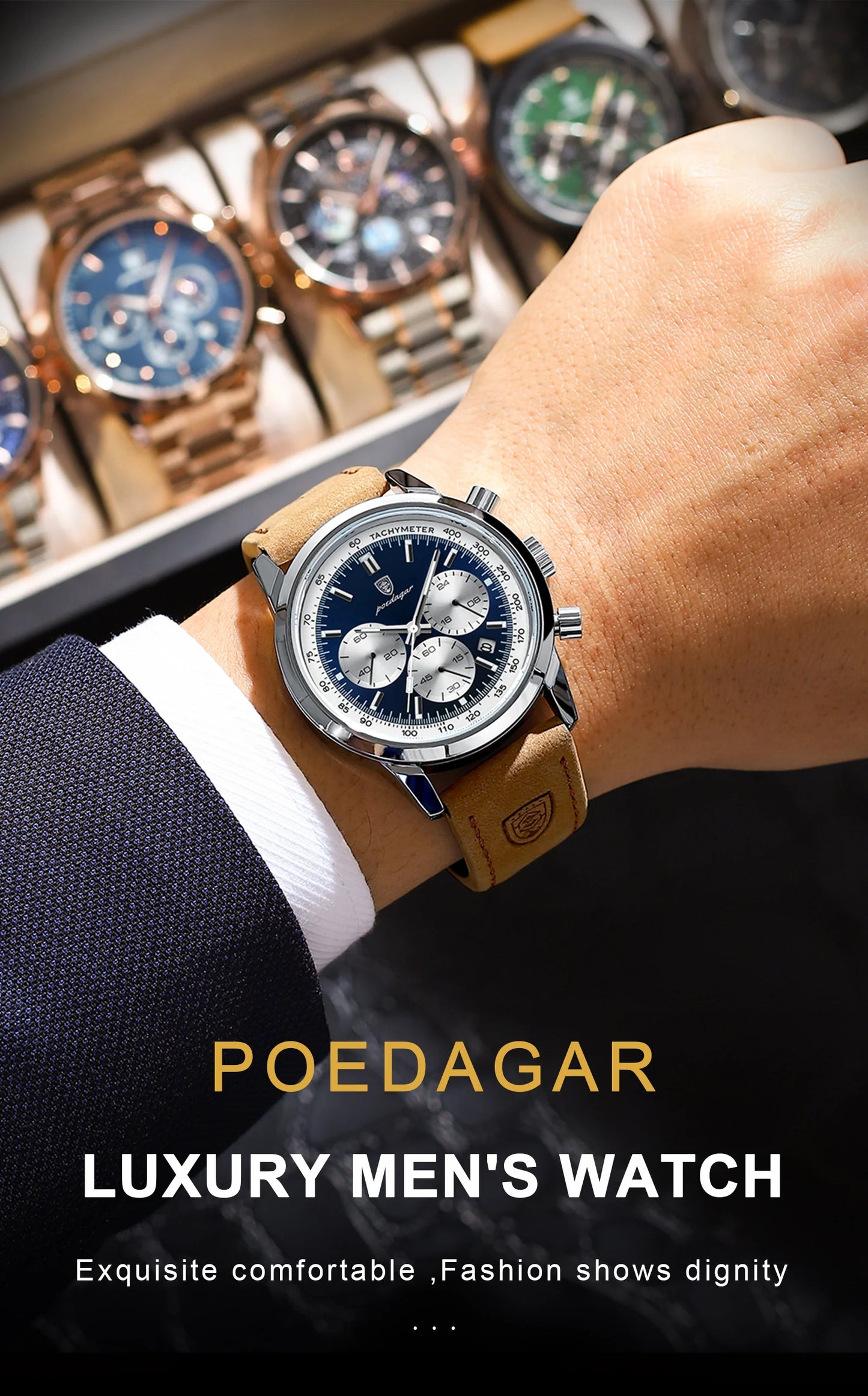 Chronograph Leather Watch – Full Calendar with Luminous Dial