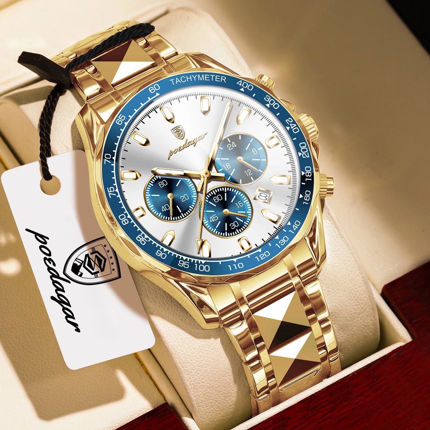 Chronograph Business Watch – Luminous Numberless Dial with Hidden Clasp Bracelet