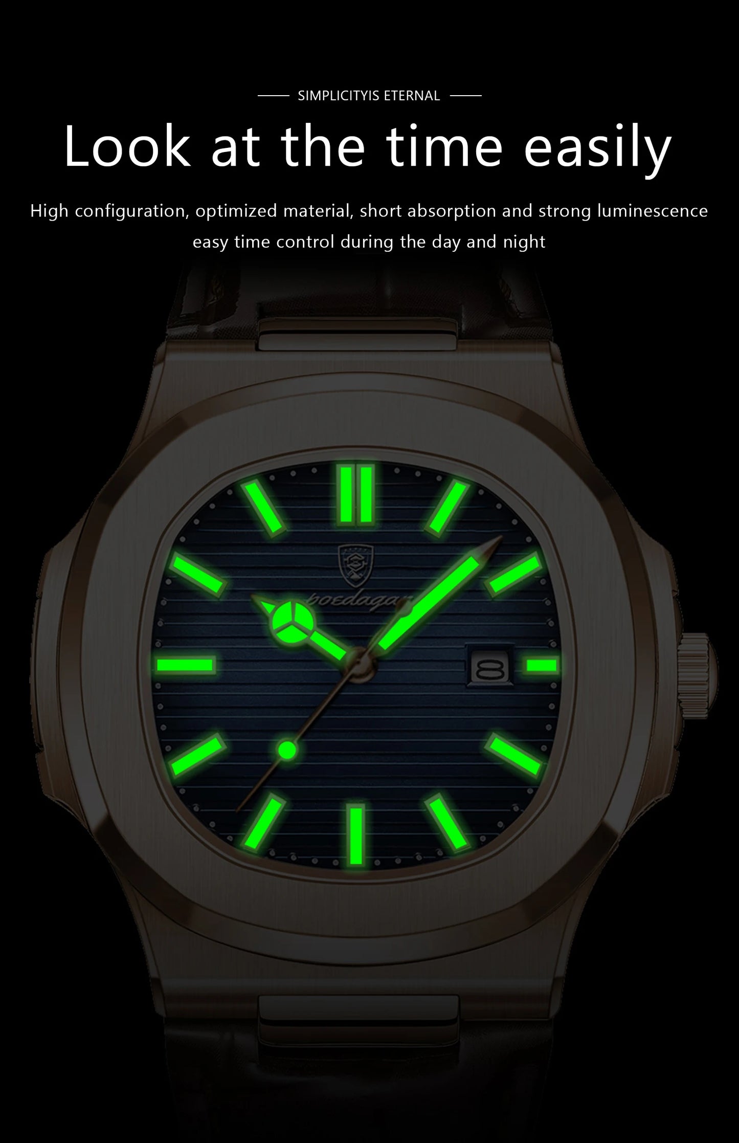 Square Leather Watch – Luminous Dial with Date & Classic Buckle