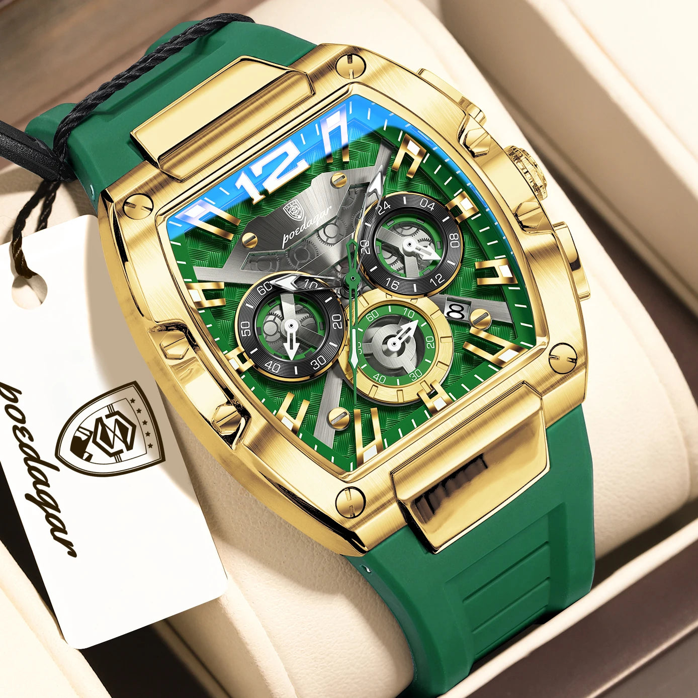 Tonneau Chronograph Watch – Roman Numeral Dial with Sapphire Crystal & Silicone Strap