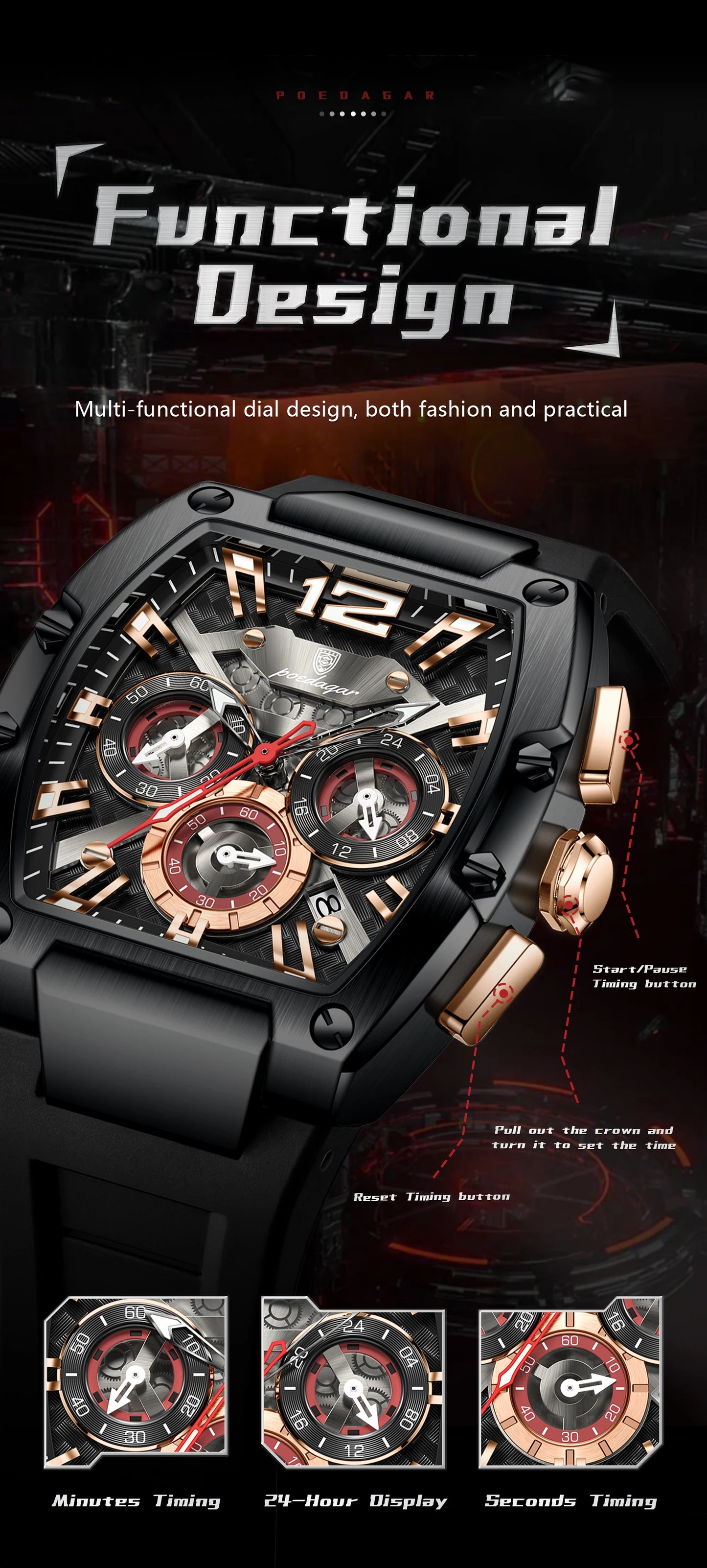 Tonneau Chronograph Watch – Roman Numeral Dial with Sapphire Crystal & Silicone Strap