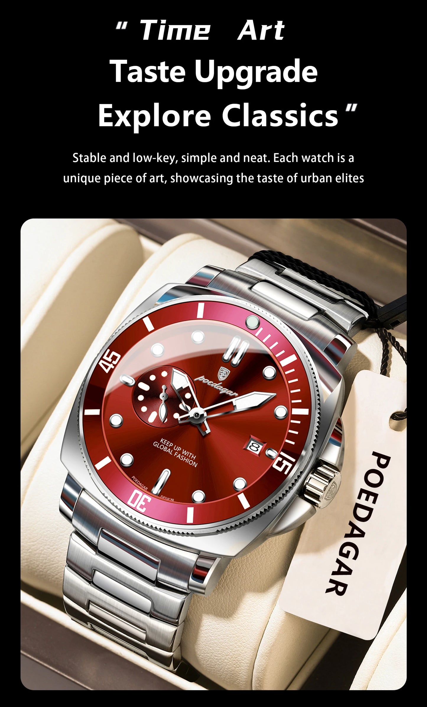 Business Date Watch – Luminous Numberless Dial with Hidden Clasp Bracelet