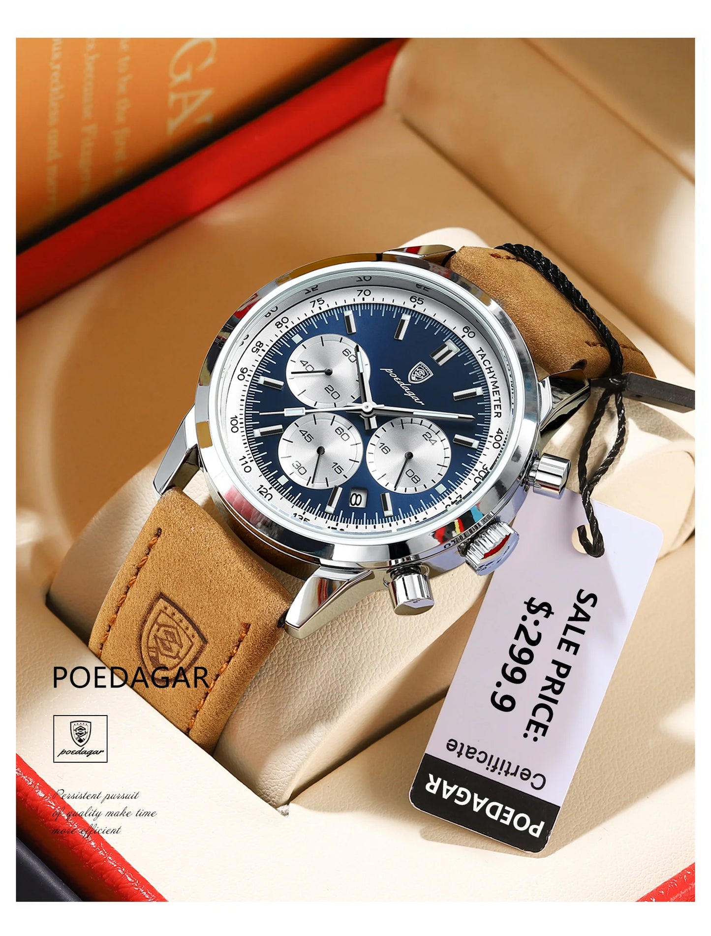Chronograph Leather Watch – Full Calendar with Luminous Dial