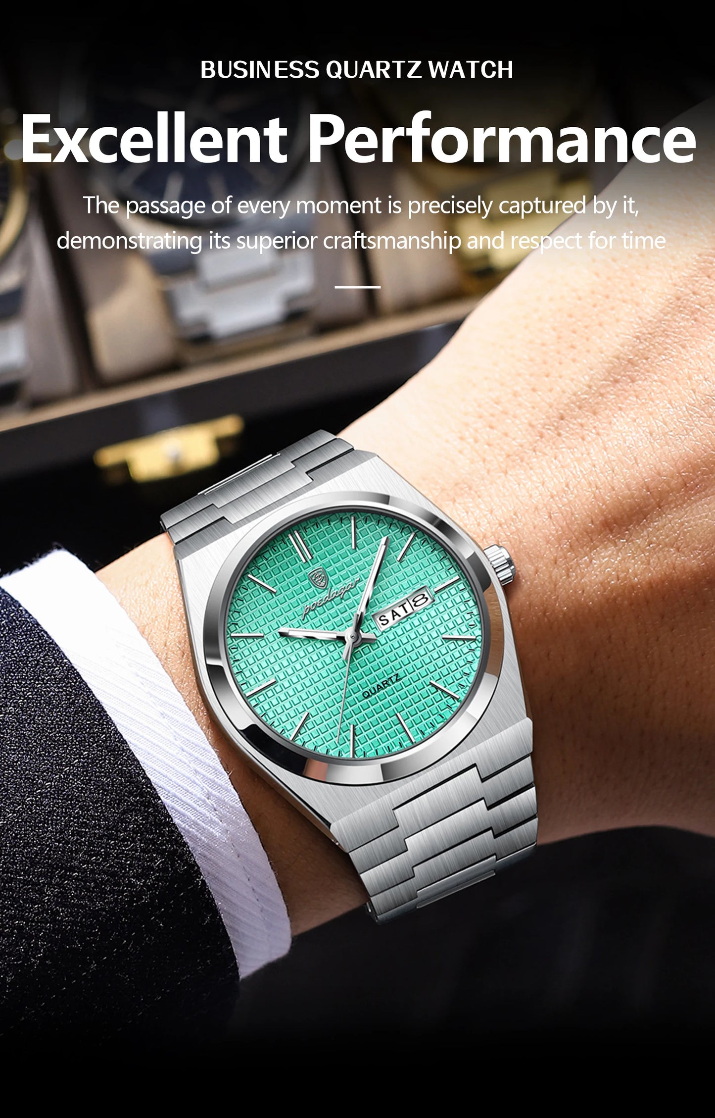Full Calendar Stainless Steel Watch – Luminous Dial with Hidden Clasp Bracelet