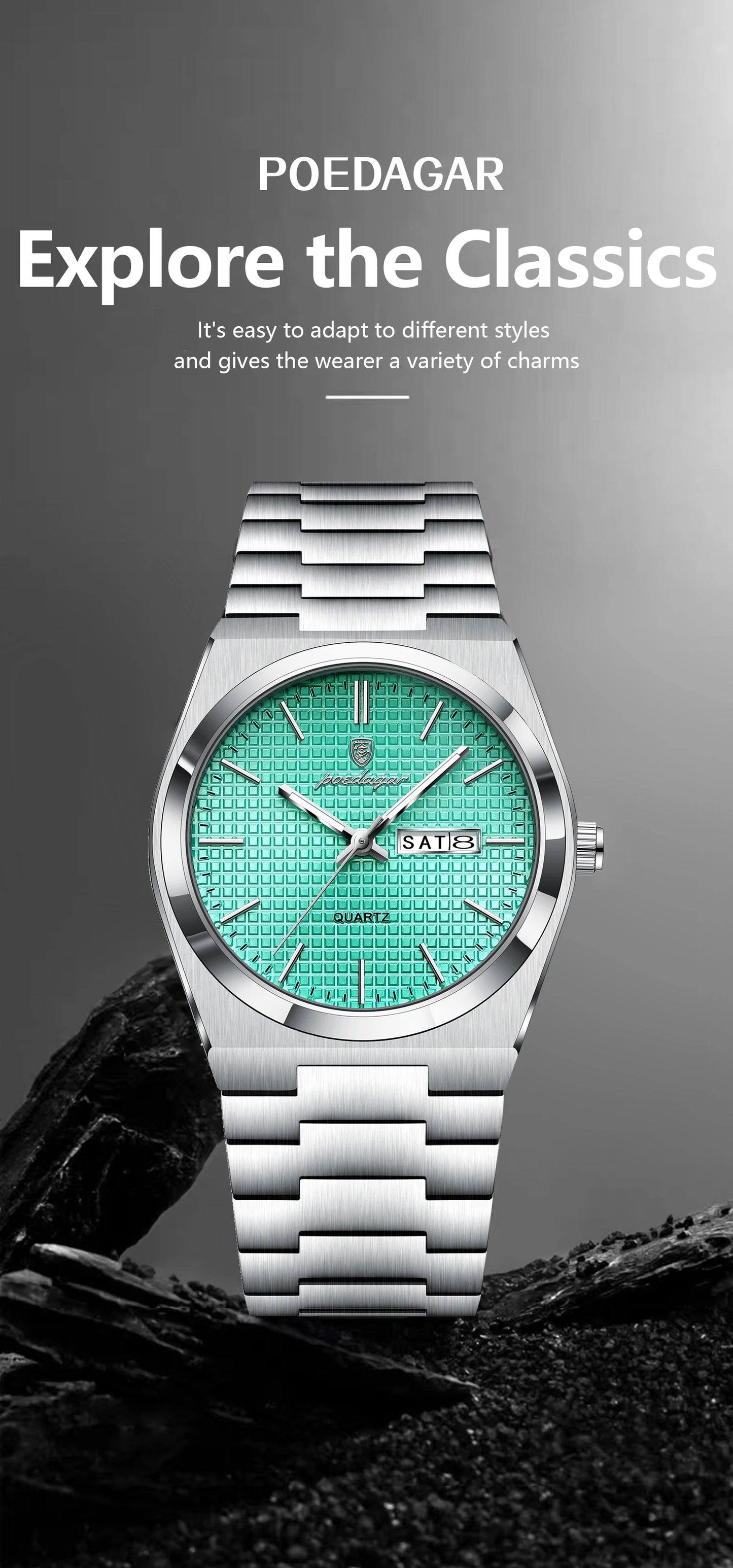 Full Calendar Stainless Steel Watch – Luminous Dial with Hidden Clasp Bracelet