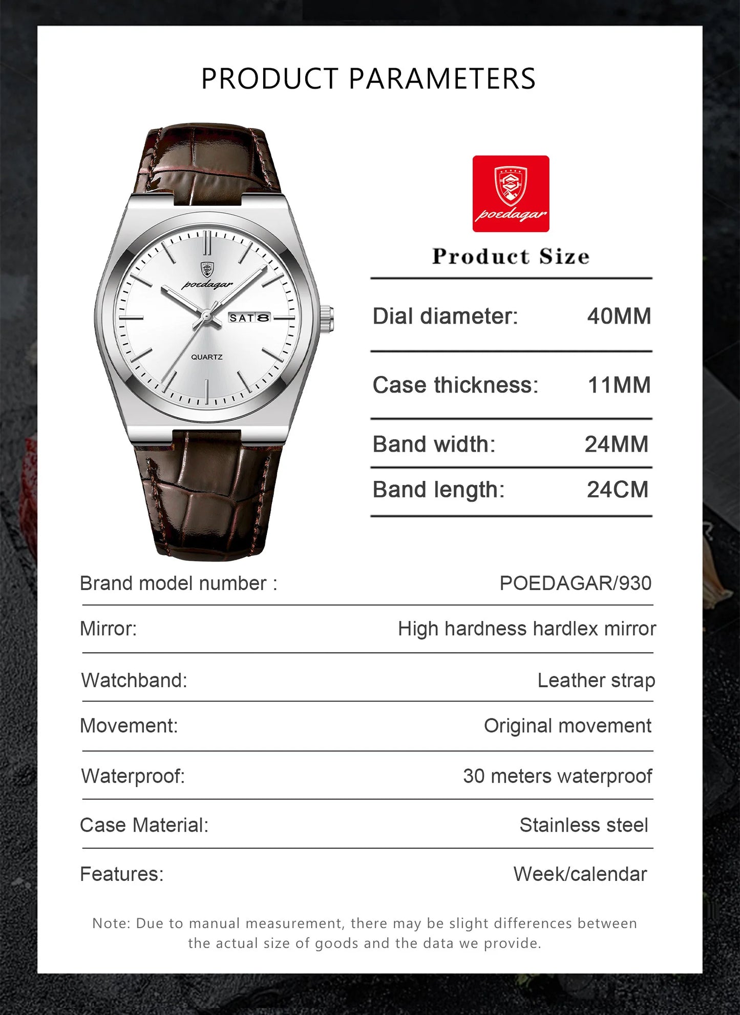 Full Calendar Leather Watch – Luminous Dial with Date, Week & Classic Buckle