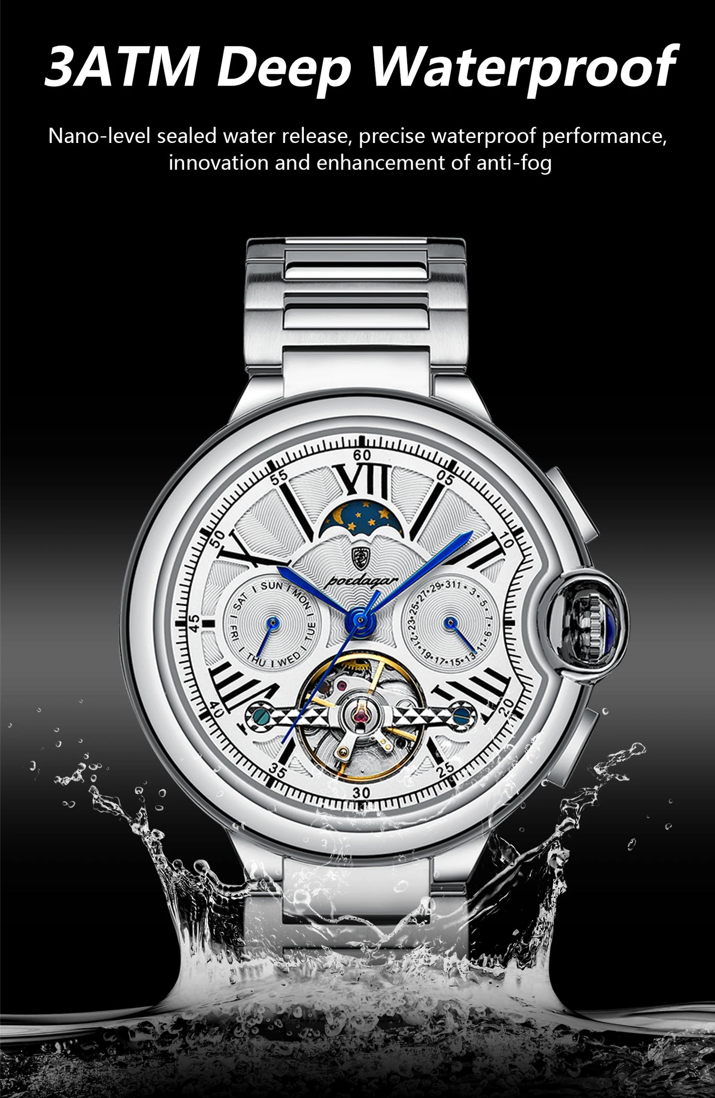 Automatic Skeleton Watch – Tourbillon Style with Moon Phase & Full Calendar