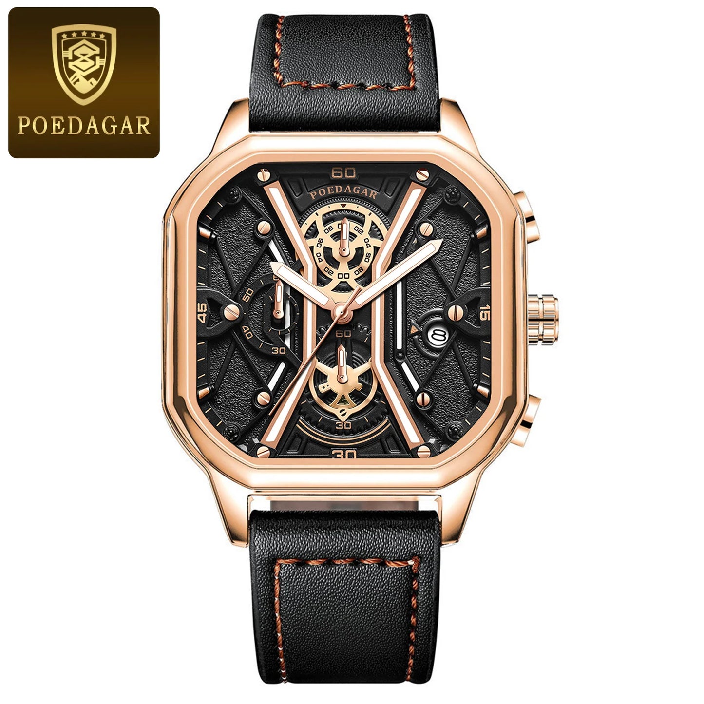 Square Chronograph Watch – Full Calendar with Leather Strap & Luminous Dial