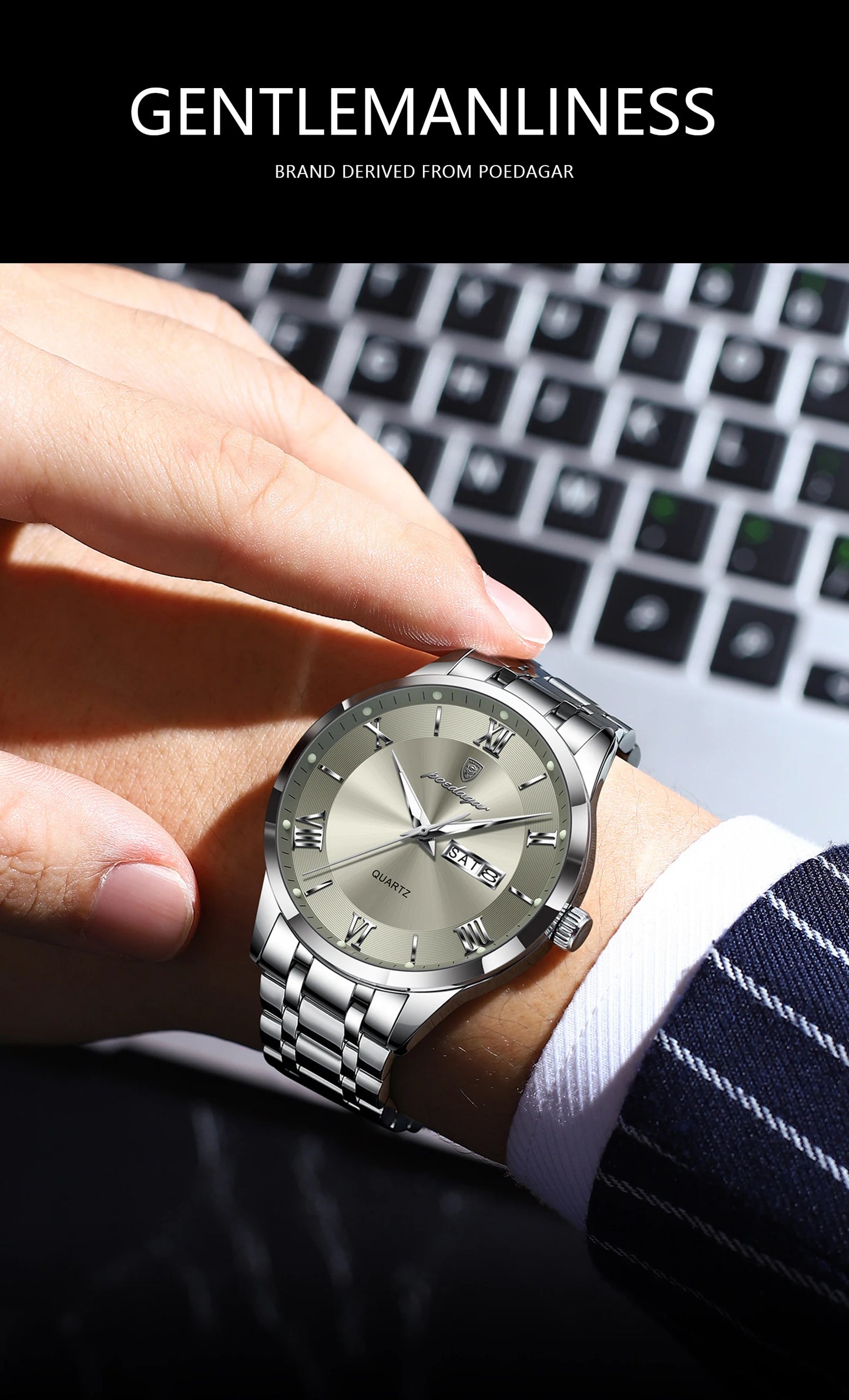 Roman Numeral Full Calendar Watch – Luminous Dial with Hidden Clasp Bracelet
