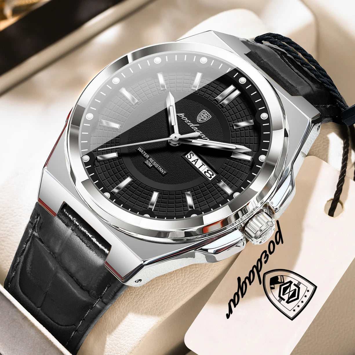 Full Calendar Leather Watch – Luminous Dial with Date & Week Display