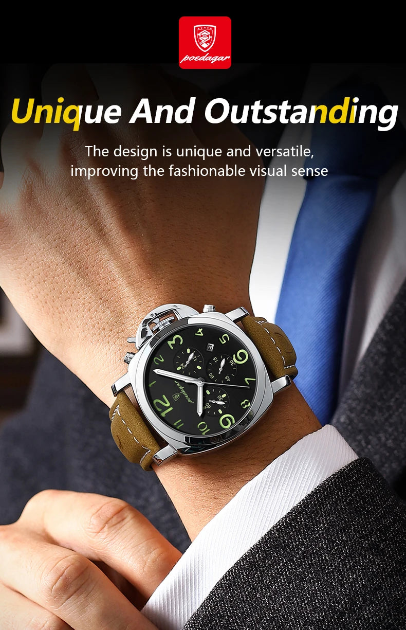 Chronograph Leather Watch – Bold Arabic Dial with Date & Luminous Hands