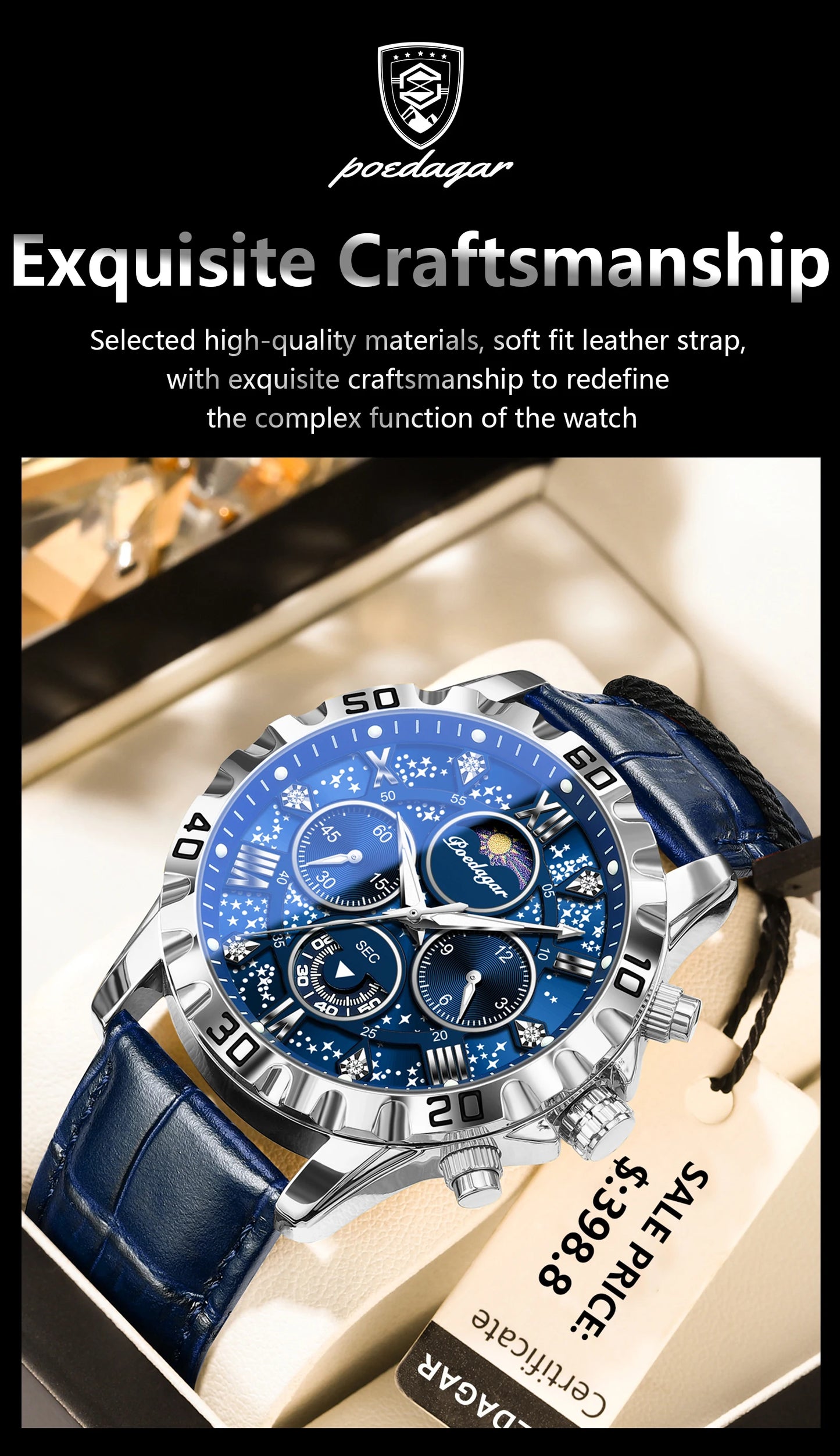 Chronograph Watch with Multiple Time Zone – Leather Strap & Sapphire Crystal